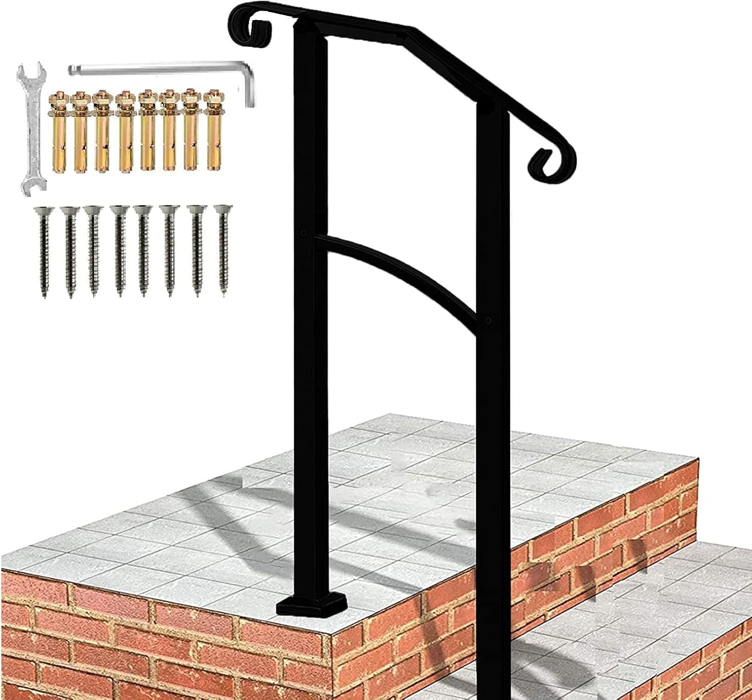 Handrails for Outdoor Steps, Black Handrail Arch,1 or 2 Steps Stair Handrail,Adjustable Outdoor Stair Railing with Installation Kit Hand Rails for Outdoor Steps(Black)