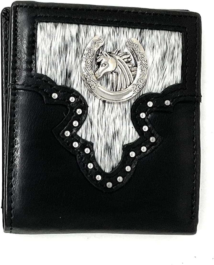 Western Genuine Woven Leather Cowhide Mens Bifold Short Wallet in Multi Emblem (Black Cowboy boot)