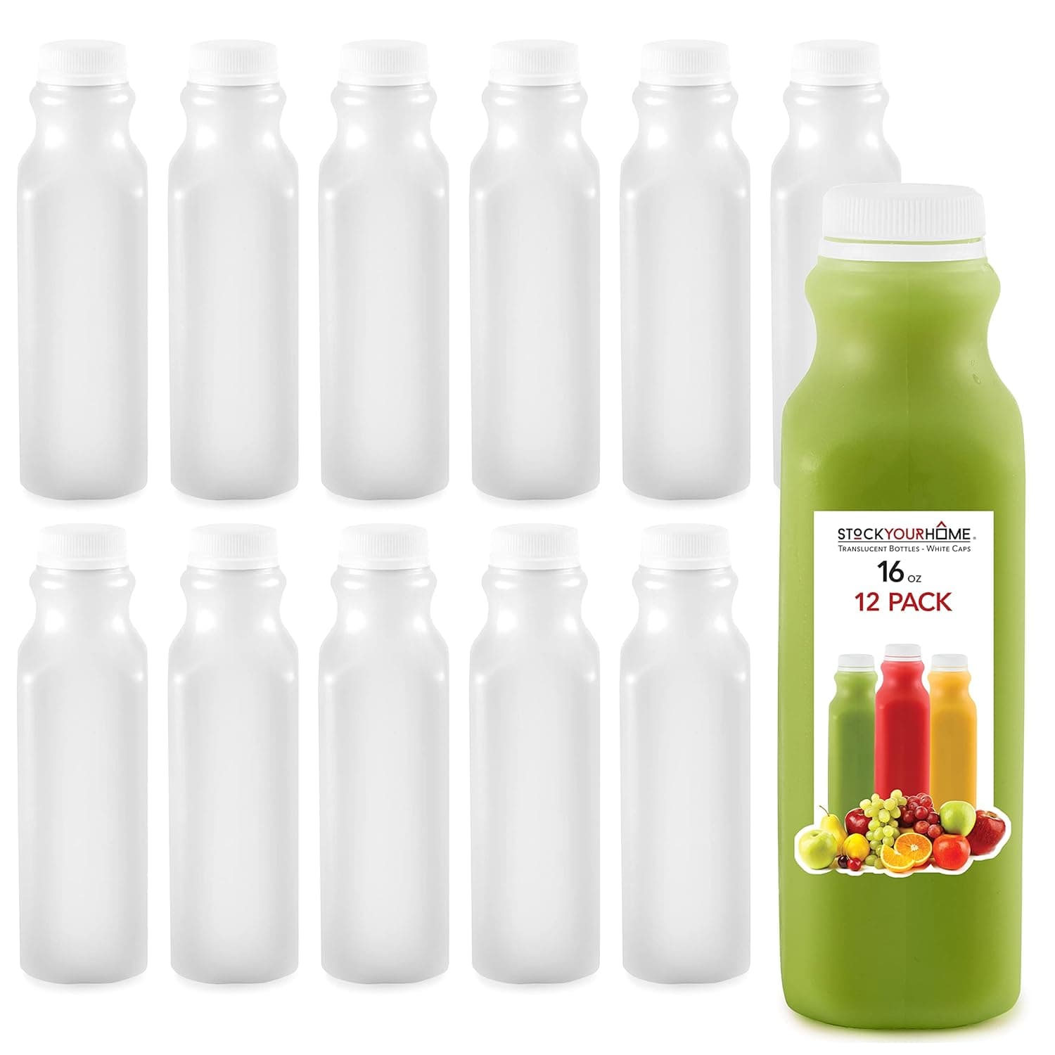 Stock Your Home 16 oz Juice Bottle with Cap for Juicing & Smoothies, Reusable Clear Empty Plastic Juice Bottles with Caps, Small Bulk Drink Containers for Water, Juicer, Mini Fridge (12 Pack)