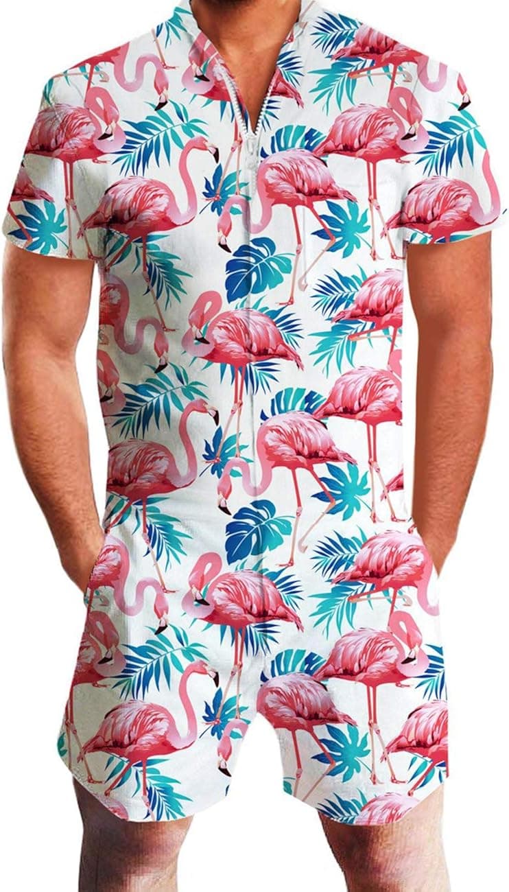 Idgreatim Men 3D Graphic One Piece Romper Casual Zipper Short Sleeve Jumpsuit Overalls