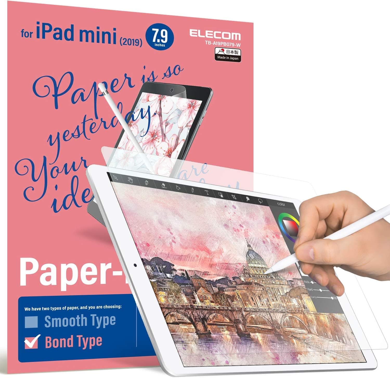 ELECOM Pencil-Feel Screen Protector Compatible with iPad Mini 5 (7.9inch 2019), iPad Mini 4 (7.9inch 2016), Designed for Drawing, Scratch-Resistant,Japan-Made *Smoothness 80*(TB-A19PB079-W)