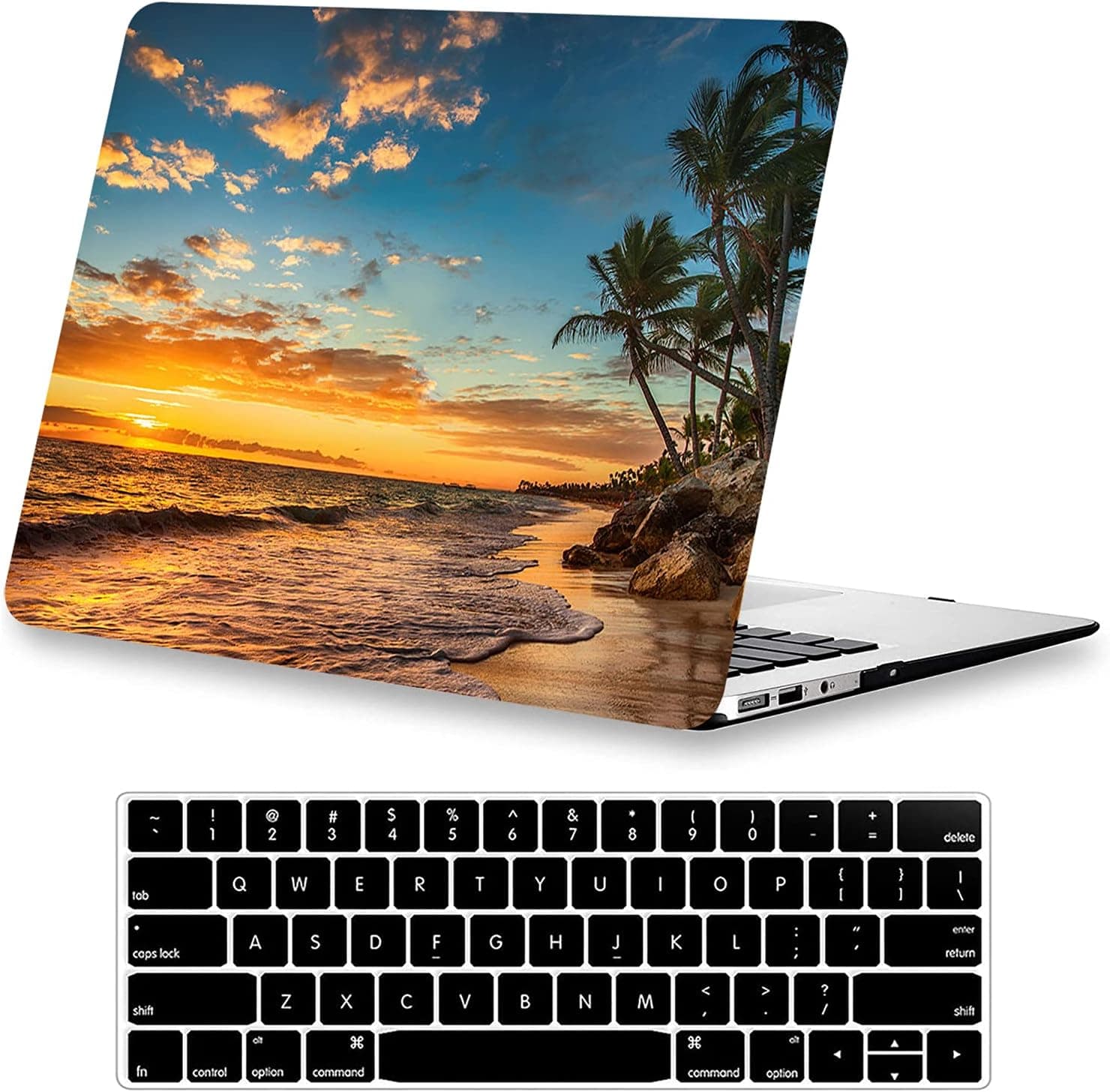 KEROM Compatible with MacBook Air 13 inch Case 2021 2020 2019 2018 Release M1 A2337 A2179 A1932, Protective Plastic Hard Shell Case & Keyboard Cover, Has Logo Cutout, Beach Sunset