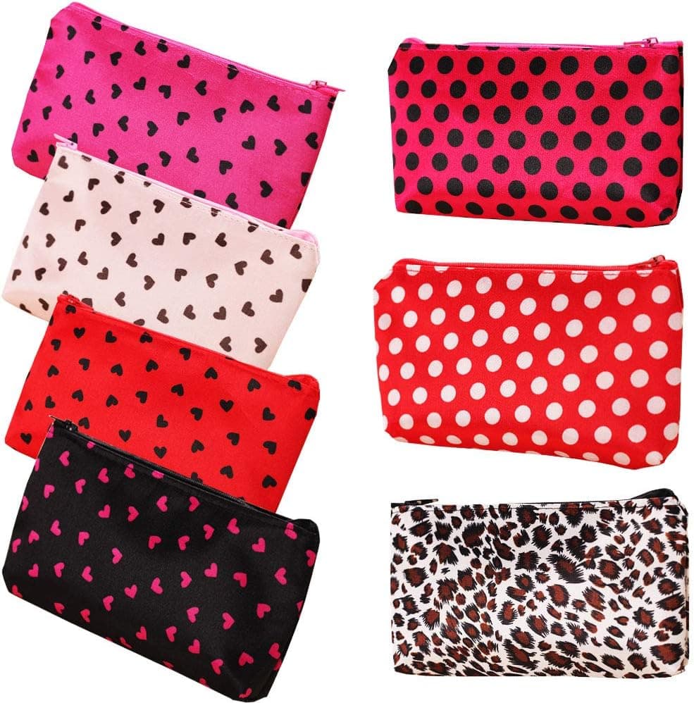 HappyDaily Pack of 7 Fashion Design Muliti-functional Bag Using as Makeup bag or Cosmetic Pouch or Travel Toiletry or Carrying Purse (Heart(Pink/Hotpink/Red/Black)+Polka Dot(Hotpink/Red)+Leopard)