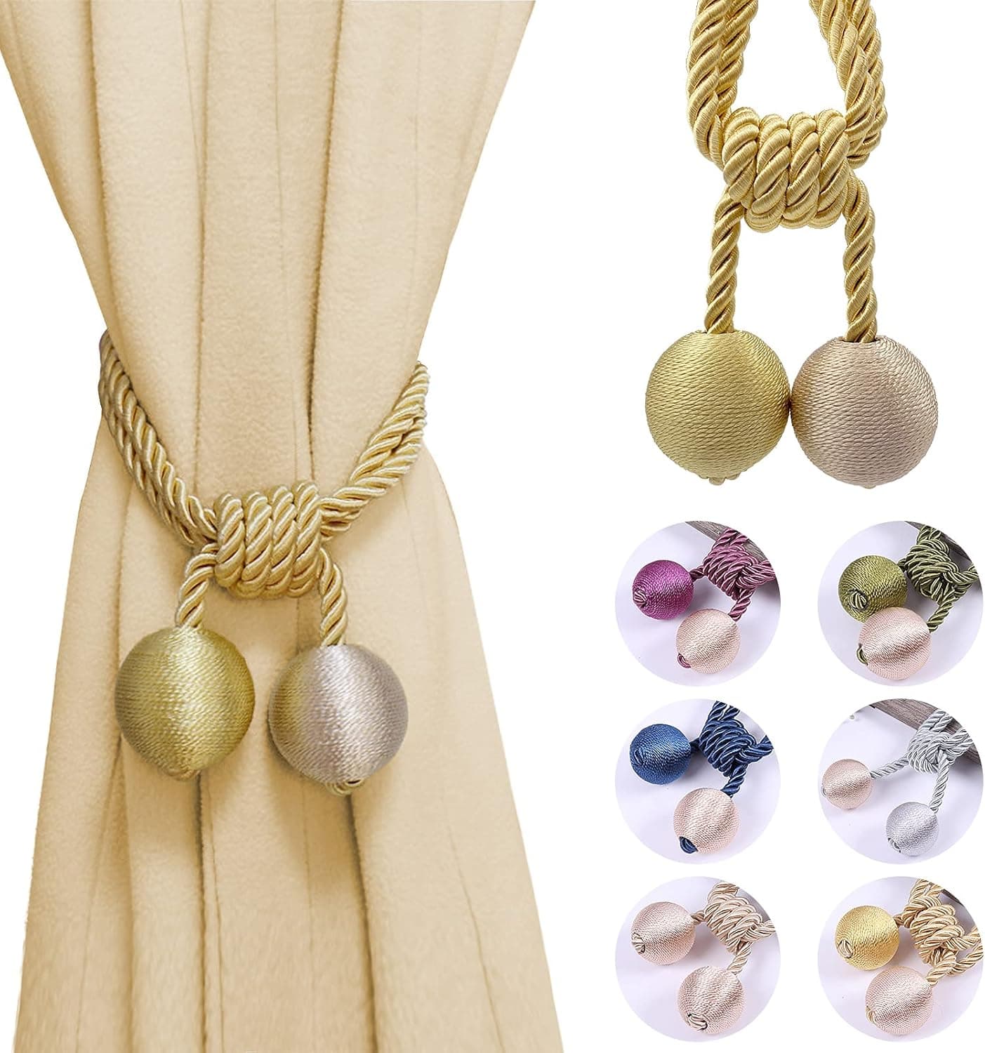 Curtain Tiebacks, Curtain Holdbacks Gold Yellow Curtain Tiebacks Rope with Double Ball Curtain Ties for Drapes Decorative Drapery Holdback Rope for Drapes Handmade Tie Backs Hooks No Drill 2 Pack