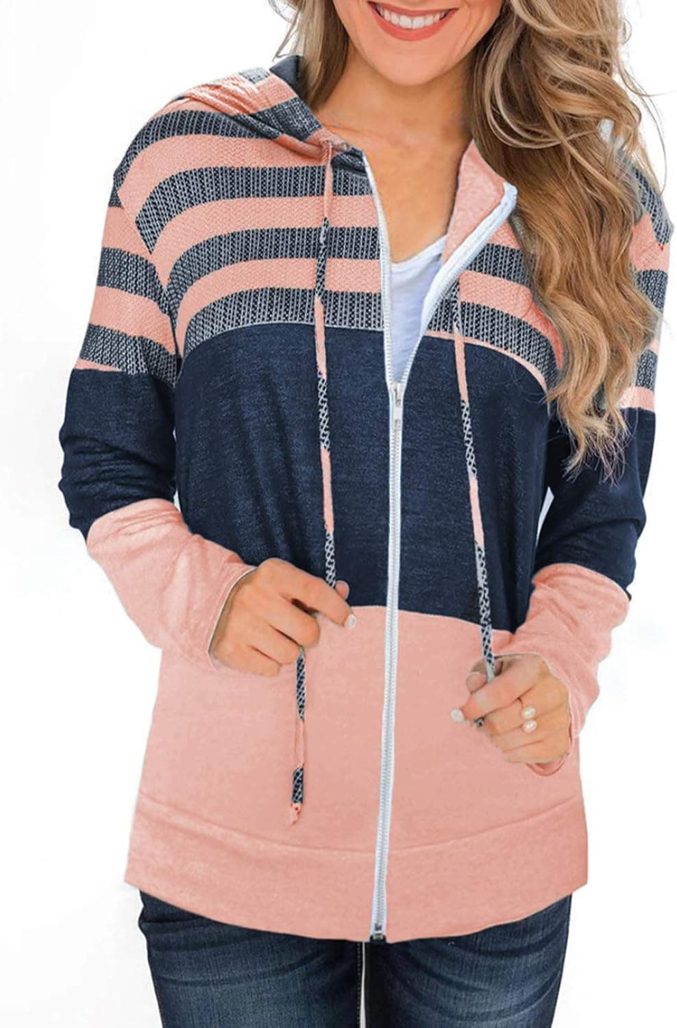 BLENCOT Womens Long Sleeve Zip-Up Hoodie Jacket Solid Color Sweatshirt Coat