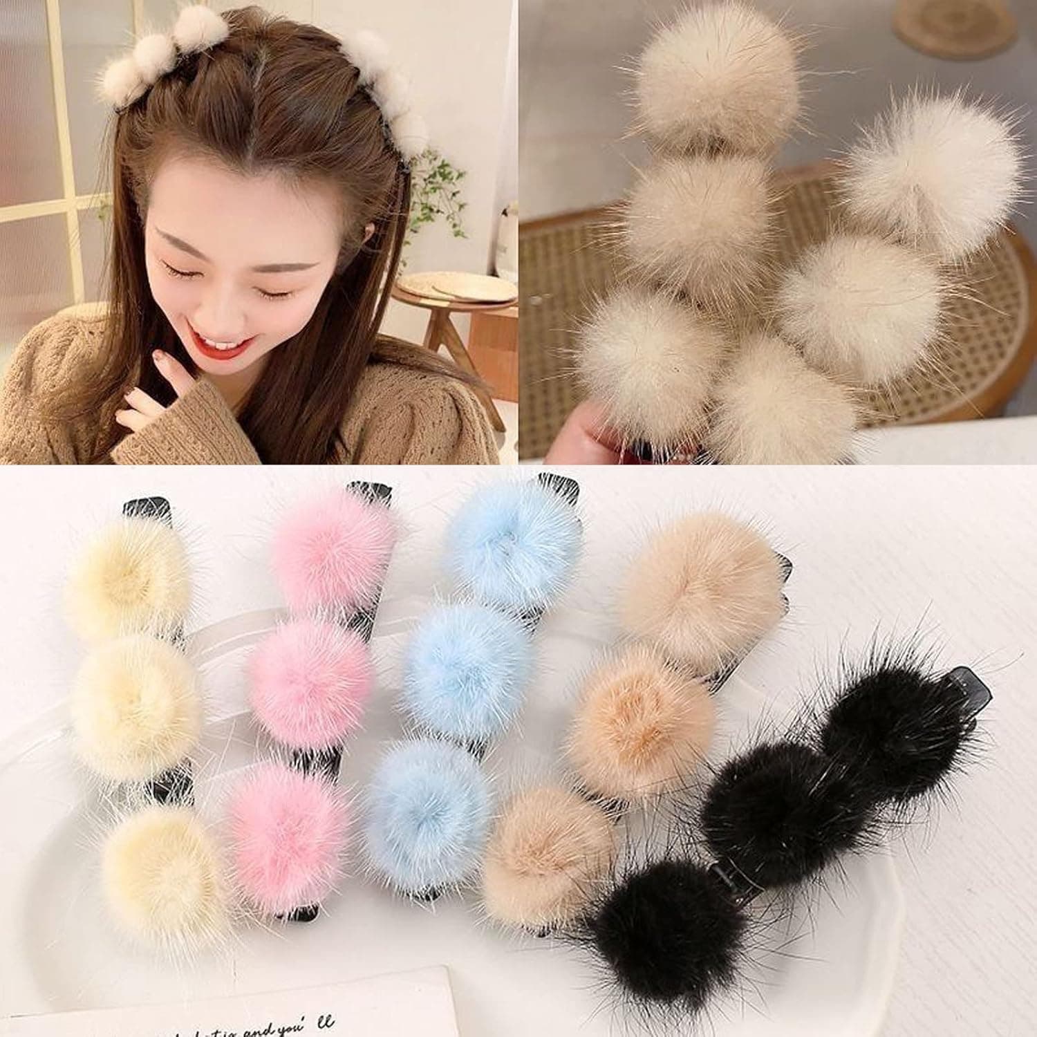2/3/4/5PC Hair Clips, Camellia Rose Butterfly Pearl Pompon Chopped Hairpin Duckbill Clip, Weaving And Arranging Artifact Hair Clip Side Clip Headwear Front Banger Clip for Women/Girls (5pc-pompon)