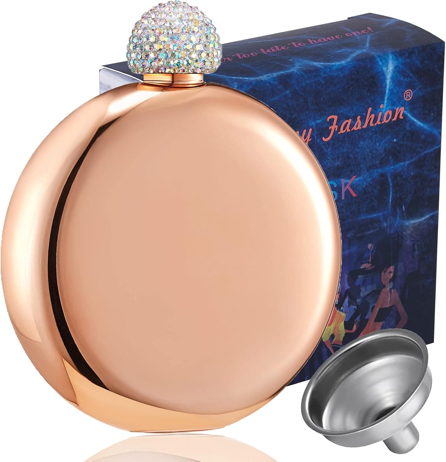 Booze Shot Flask for Women- AB Crystal Lid Creative 304 Stainless Steel Wine Alcohol Liquor Flask for Women Girls Men Party Hand size Hip Flask Glitter coating Whiskey Flasks-5OZ (Rose Gold)