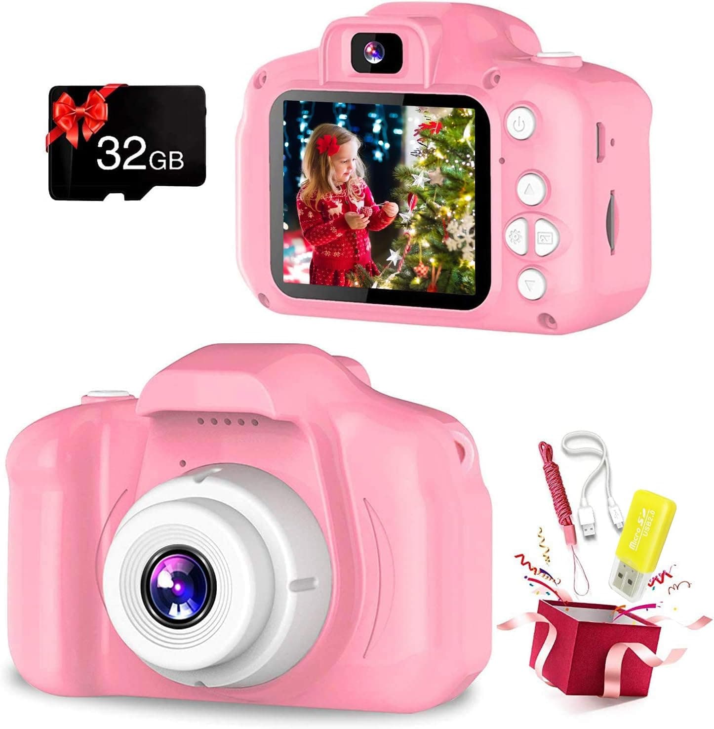 Upgrade Kids Selfie Camera, 1080P HD Digital Toddler Camera for Girls, Children's Selfie Camera with 32GB TF Card and 2.0 Inches Screen, 3 4 5 6 7 8 9 10 Years Old Small Portable Toys- Pink