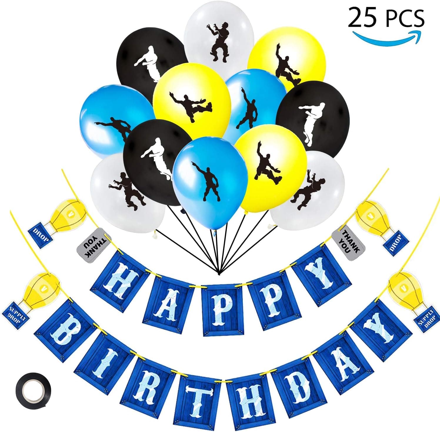 Video Game Birthday Party Supplies | 24 Balloons and 1 Happy Birthday Banner | Kid's Sets and Favors | White Black Blue Yellow Dance Moves
