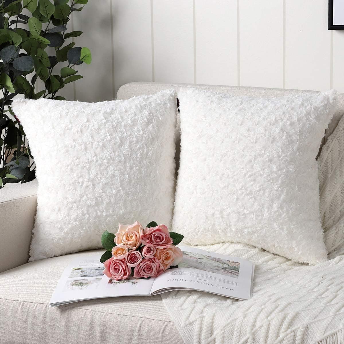 MANDIOO Pack of 2 White Faux Fur 3D Flower Pattern Fuzzy Cozy Soft Decorative Throw Pillow Covers Set Cushion Cases Pillowcases for Couch Sofa Bedroom Car 16x16 Inches