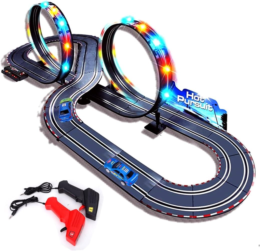 StarryBay 1/43 Scale Electric RC Slot Car Racing Track Sets Dual Speed Mode Race Track - Colorful LED Lights, 2 Slot Racing Car & 2 RC Handles Included(Cars are Packed in Other Place of The Package)
