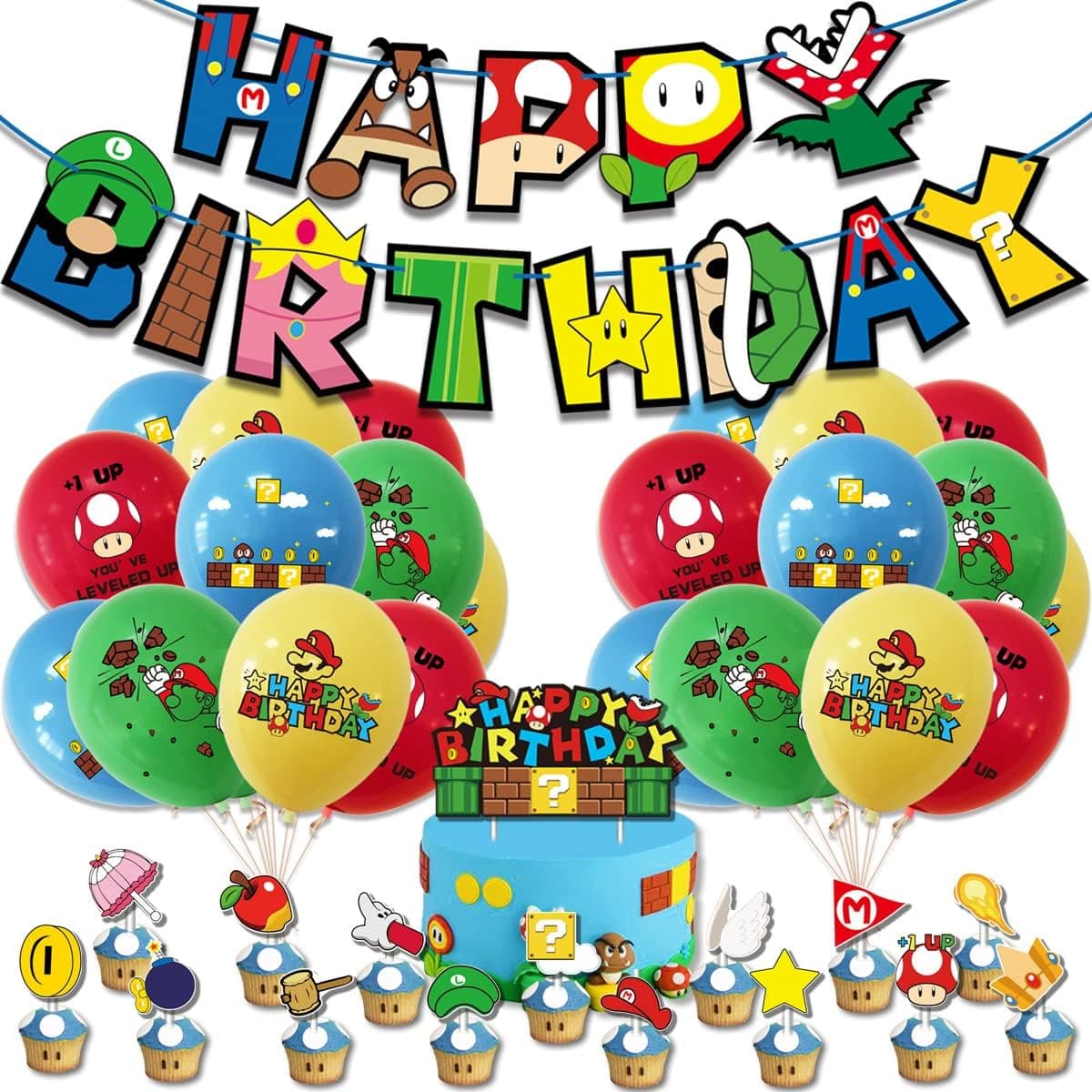 Happy Birthday Garland Banner Mario Luigi Balloons Cake Topper DIY Set Princess Peach Toad Bowser Kids Children Party Super Brothers Bros…