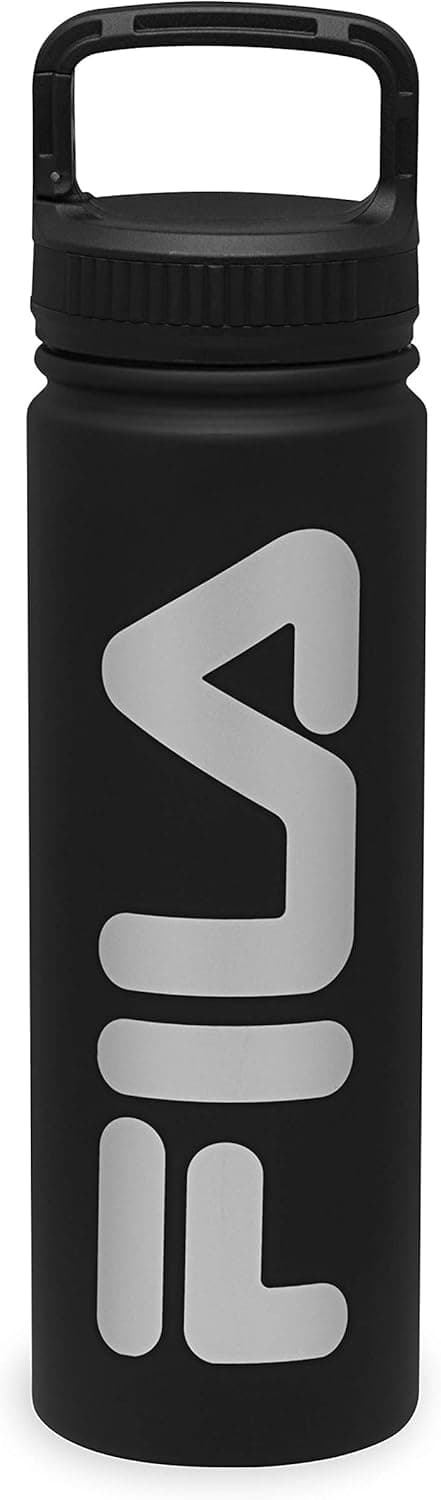 FILA Accessories Water Bottle Stainless Steel Wide Mouth Easy-Sip Lid with Carabiner Clip Cap, 22oz, Classic