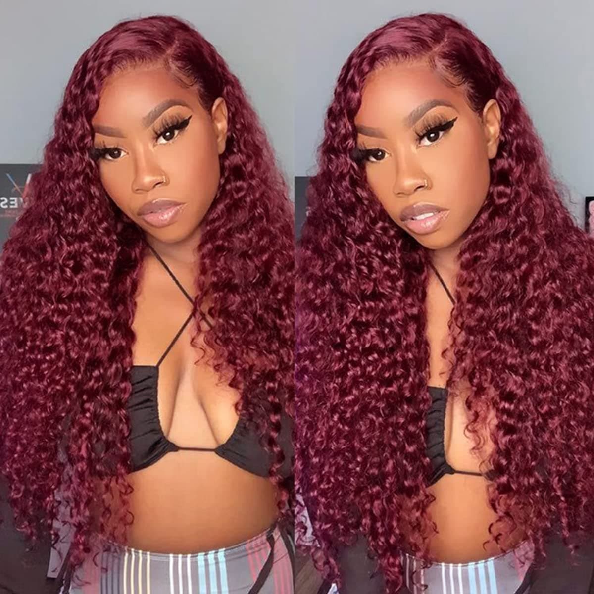 ISEE Hair 99J Water Wave Transparent Lace Front Wigs Human Hair Pre Plucked 24 Inch 150% Density Brazilian Deep Curly Wave Human Hair Wigs for Women Burgundy Colored 13x4 Lace Frontal Wigs