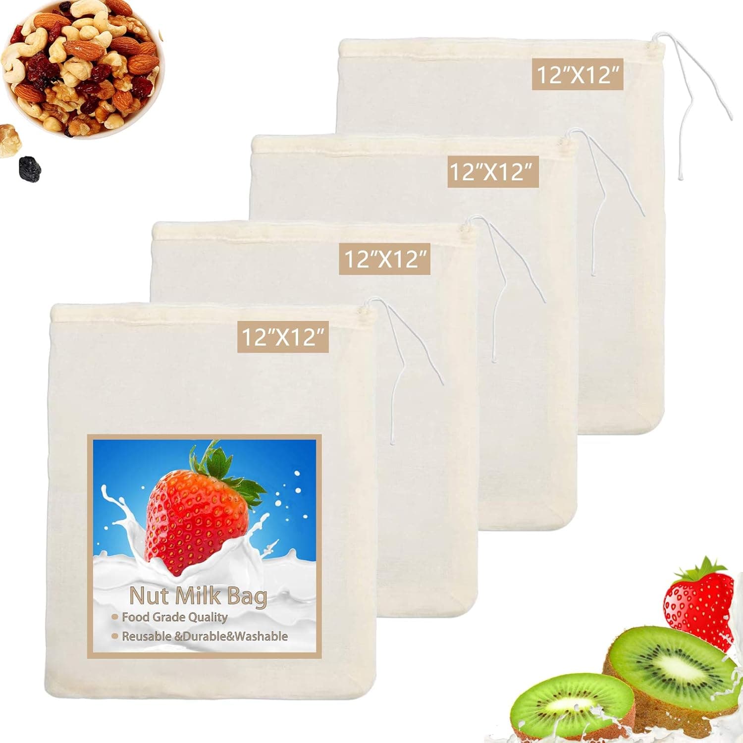 Nut Milk Bag, Cheese Cloths for Straining Reusable 4 Pack 12"X12", Cold Brew Coffee Bags, Nut Bag for Almond Milk,Unbleached Organic Cotton Cheesecloth Bag, Soup Gravy Broth Stew Bag(4PACK 12INx12IN)