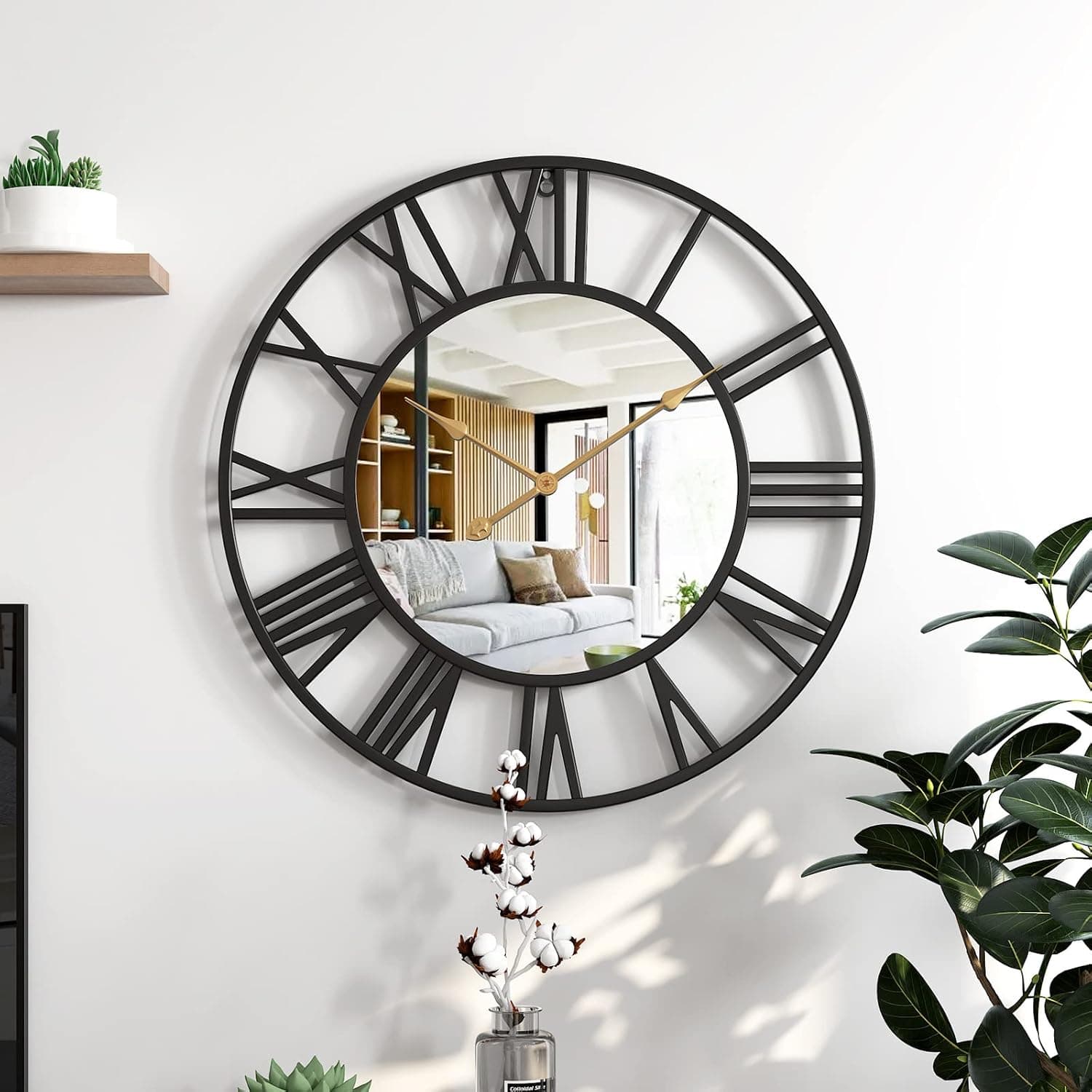 JUGV 20 Inch Black Vintage Roman Wall Clock Decor, Silent Non Ticking Wall Clock for Home Office Kitchen Bedroom Decor, Metal Decorative Art Wall Clock with Mirror Dial