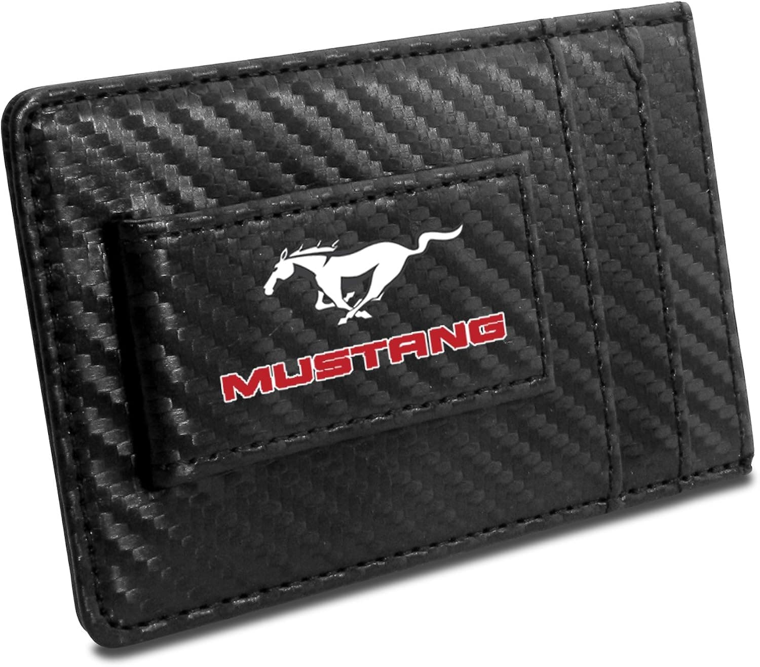 Ford Mustang in Red Black Carbon Fiber Leather Wallet RFID Block Card Case Money Clip