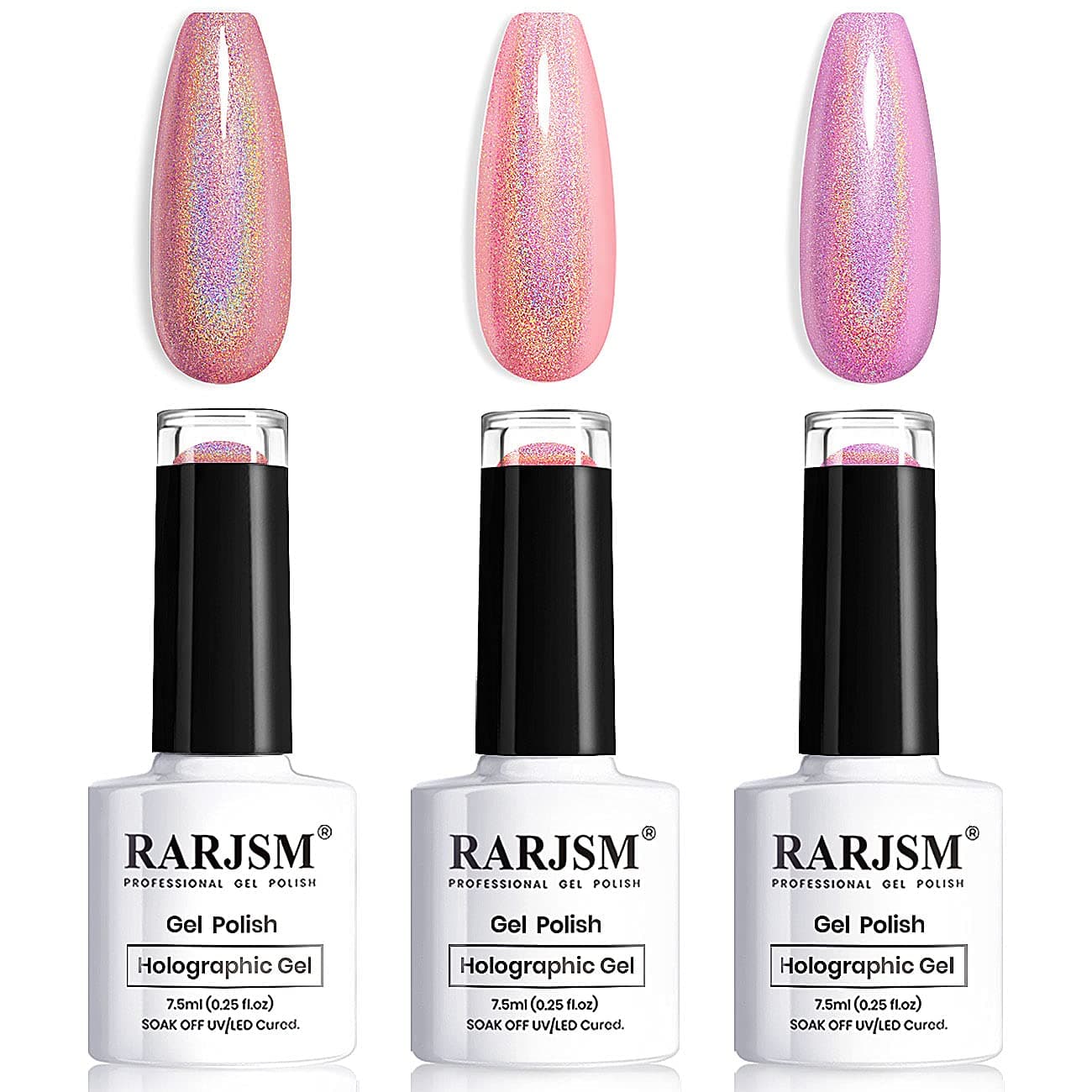 Holographic Gel Nail Polish Set 3PCS Rose Gold Pink Purple Gorgeous Glossy Soak off Nail Gel with Glitter Mermaid Unicorn Effect Lamp Curing Required for Nail Art Design Manicure Salon DIY at Home