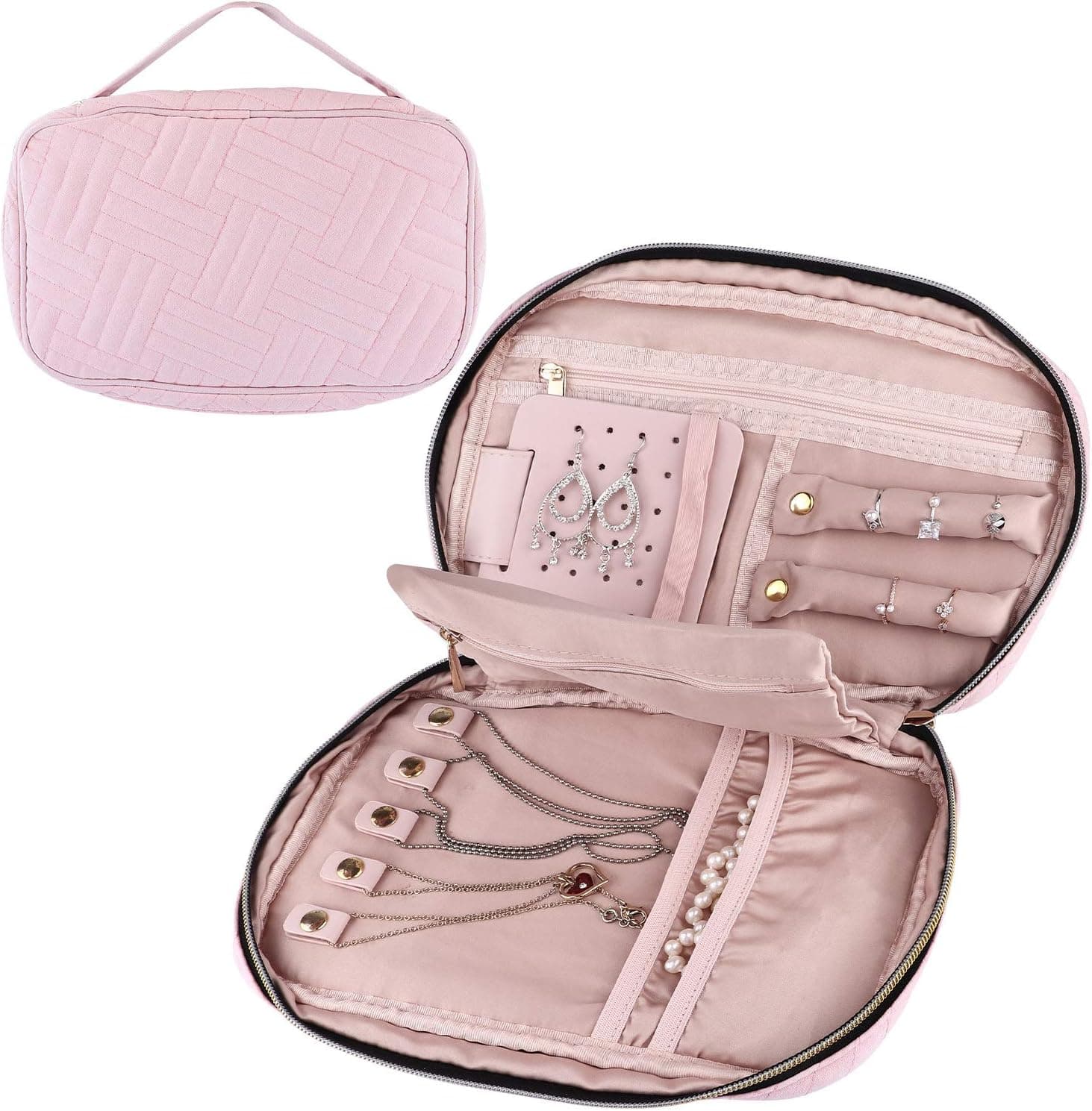 Duomiila Travel Jewelry Storage Bag Jewelry Organizer Case for Necklaces, Earrings, Bracelets, Rings, Brooches and More, Compact and Easy to Carry -Carrying Case Jewelry (Pink)