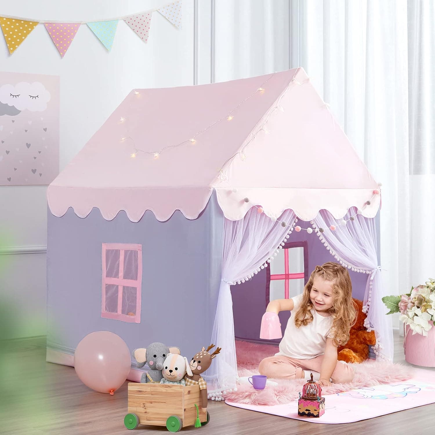 Kids Play Tent for Girls, Large Foldable Fairy Tent for Toddlers, Indoor/Outdoor Play Toddler Tent, Princess Castle Tent with LED Lights, Playhouse for Kids Toddler Children