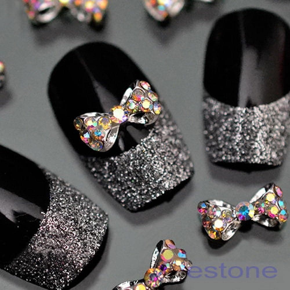 10Pcs Crystal Bow Knot Multicolor Glitter Rhinestone Nail Art Tips 3D Stickers