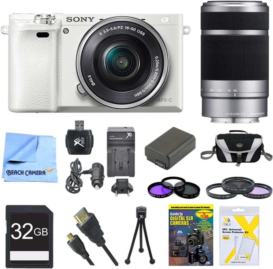 Sony a6000 ILCE6000L Alpha 24.3 Interchangeable Lens Camera with 16-50mm Power Zoom Lens Bundle with SEL 55-210 (White), Sony 32GB Memory Card, Spare Battery, Deluxe Case, SD Reader + More