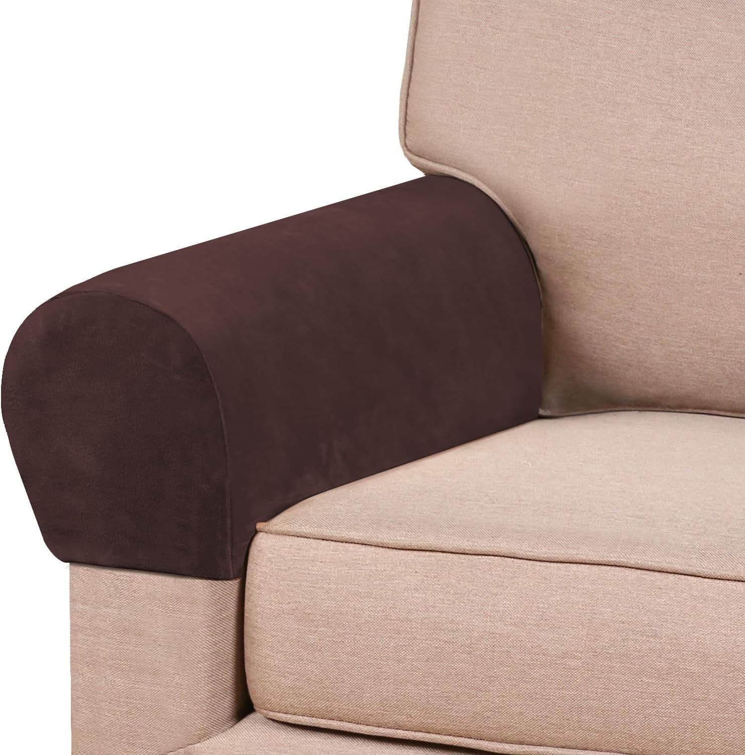 PrinceDeco Thick Velvet Stretch Armrest Covers for Chairs and Sofas Armchair Covers for Arms Couch Arm Covers Armrest Covers for Sofa Non Slip (2 Pack: Brown)