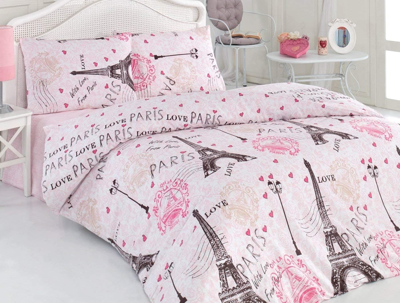 Cotton Bedding Set Paris with 3 Pieces Twin Duvet Cover, Eiffel Tower and Love Lettering Illustration Decorative Vacation Design, Fuschsia