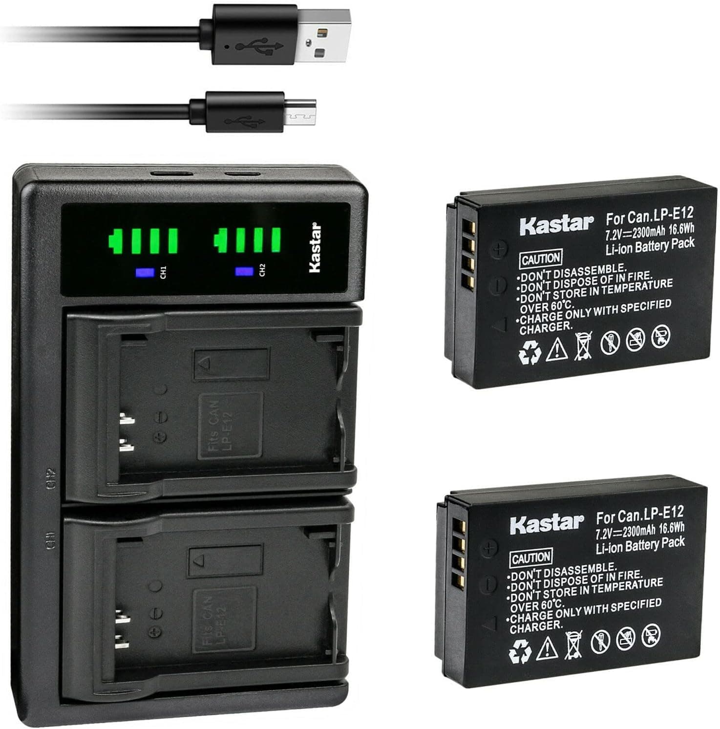 Kastar 2-Pack Battery and LTD2 USB Charger Replacement for Canon LP-E12 LPE12 Battery, Canon LC-E12 LC-E12E Charger, Canon EOS M50 Mark II, EOS M100, EOS M200, EOS Rebel SL1, PowerShot SX70 HS Camera