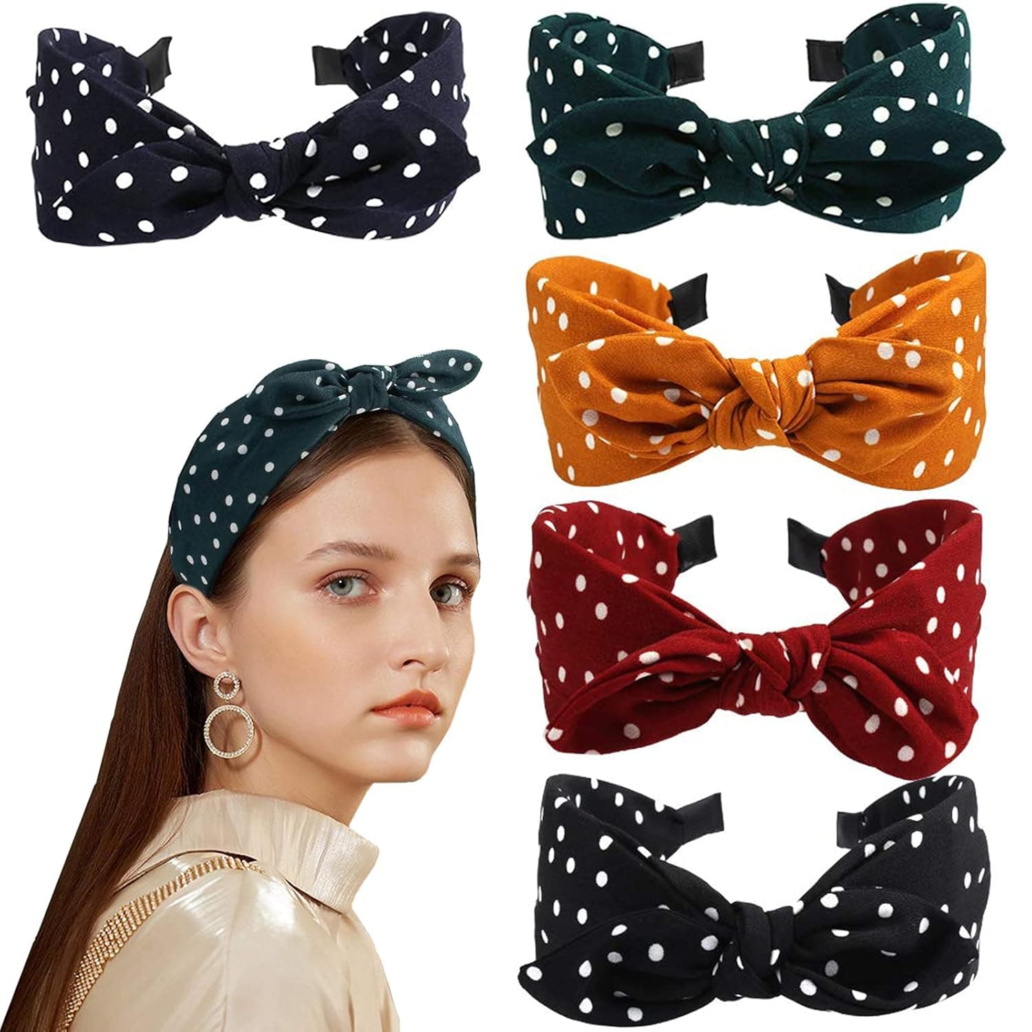YARIEW 5 Pcs Bow Headbands for Women Turbans for Women Knotted Headbands for Women Fashion Polka Dot Headbands Bandana Headband for Women Wide Headbands for Women diademas para mujer de moda