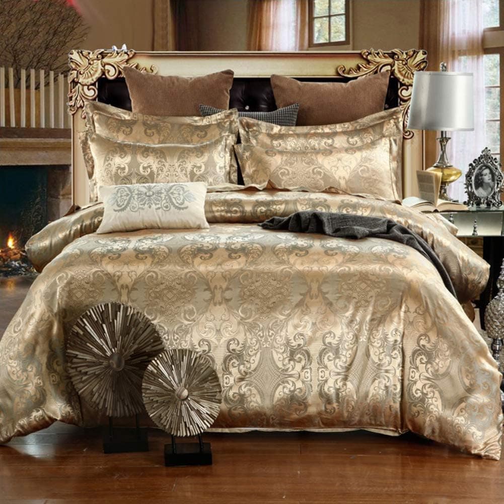 Moxida 3 Pcs Jacquard Duvet Cover Set,Luxury European Style Paisley Damask Design Gold Jacquard Bedding Sets Queen MB03