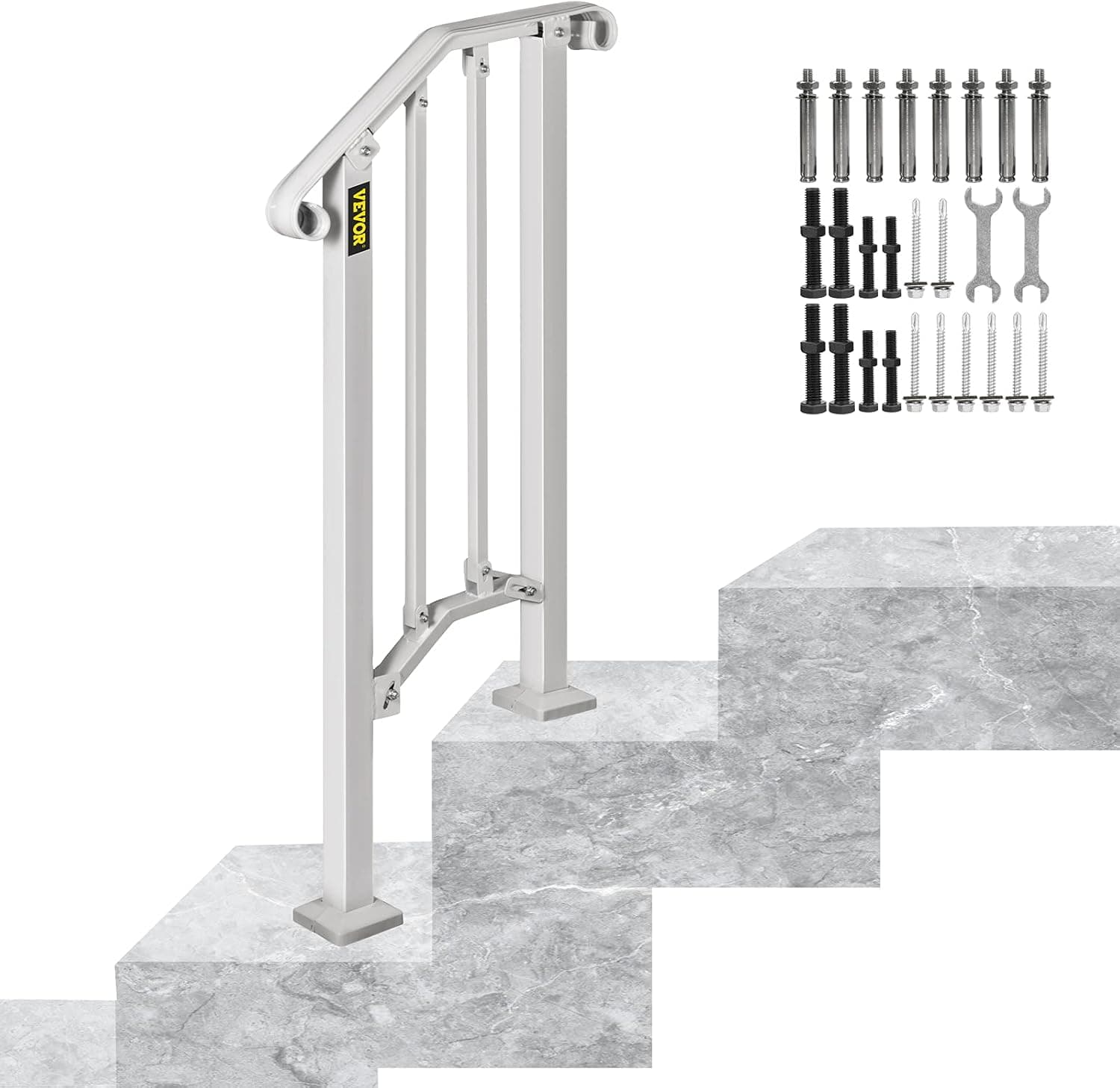 Happybuy Wrought Iron Handrail Fits 1 or 2 Steps Handrail Picket #1 Outdoor Stair Rail with Installation Kit for Outdoor Steps Hand Rails Matte White