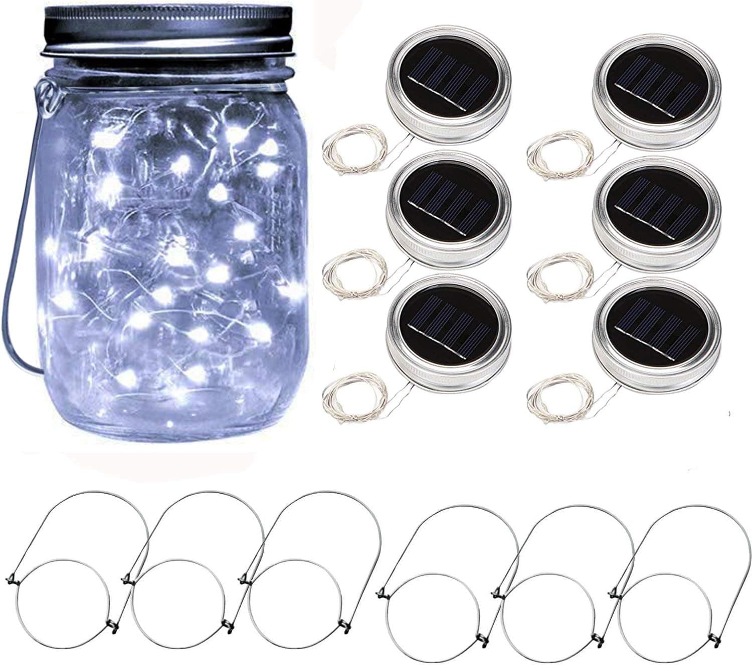 6 Pack Solar Mason Jar Lights 20 LED String Fairy Firefly Jar Lid Lamp with 6 Hangers Decorative Lighting for Party Wedding Christmas Patio Yard Garden (Cool White)