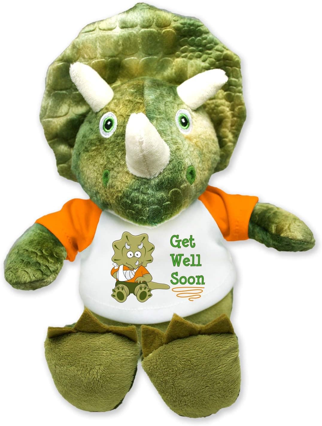 Flutter Hut Get Well Soon Triceratops Plush Dinosaur Message T-Shirt Orange Sleeves 8 Inches