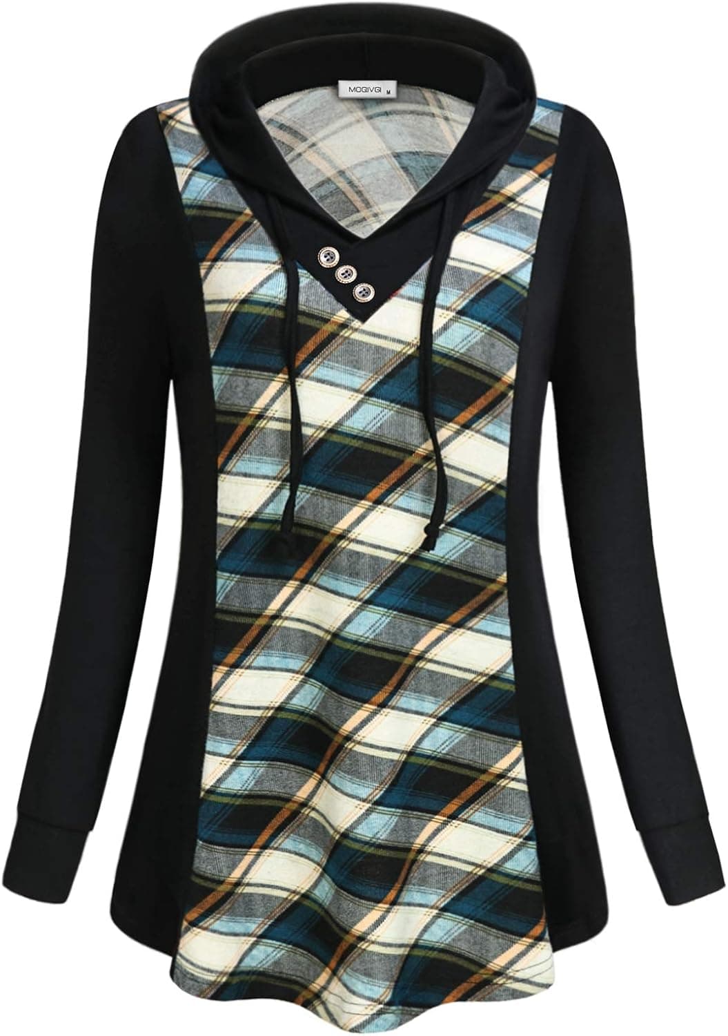 MOQIVGI Women's Sweatshirts Long Sleeve Plaid Drawstring Color Block Pullover Hoodies