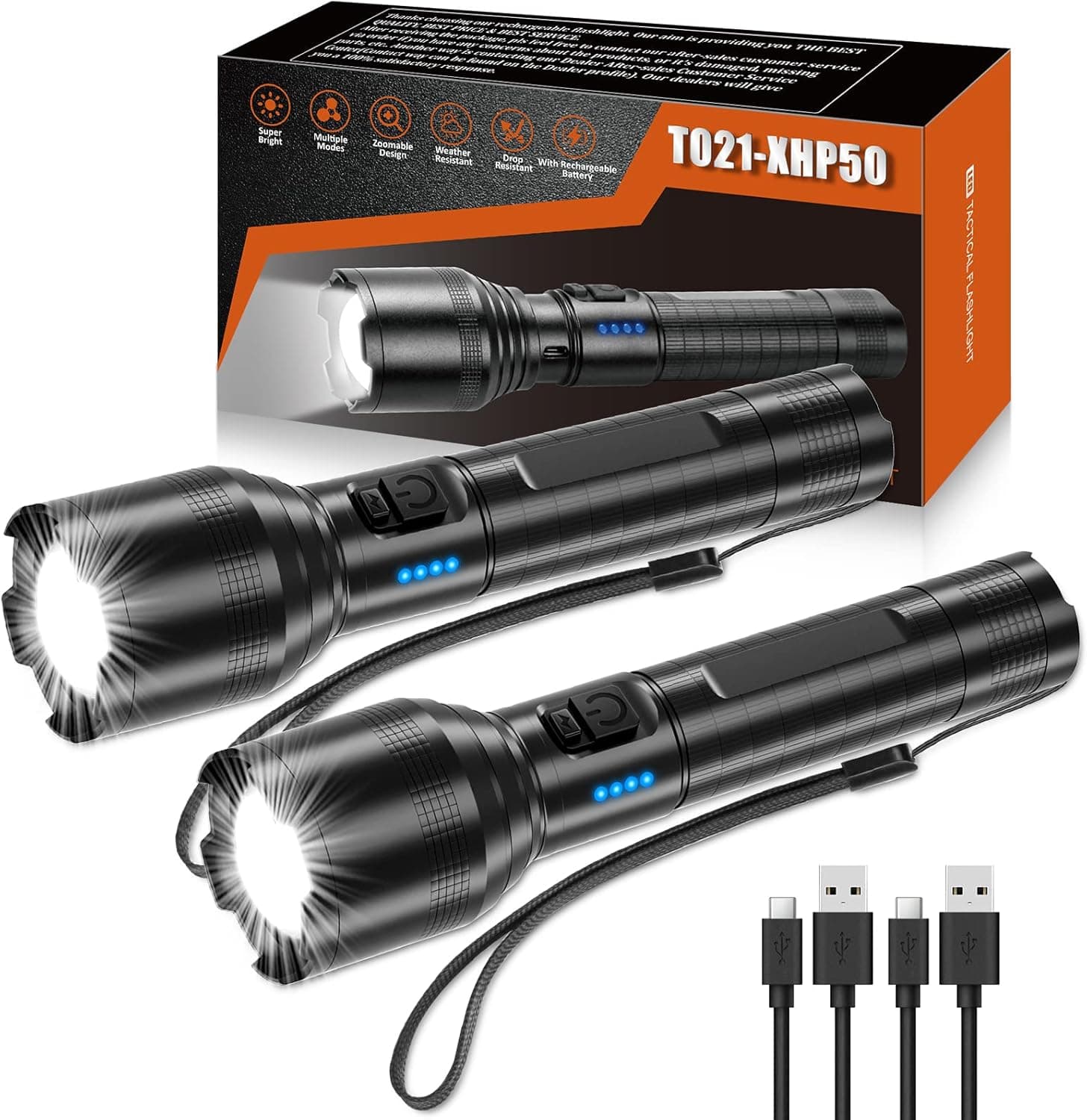 DanByte High Lumen LED Flashlights Rechargeable, Tactical Rechargeable Flashlights 10000 lm Super Bright USB Flashlight with Power Display, Zoomable, IPX7 Waterproof, 5 Modes for Camping