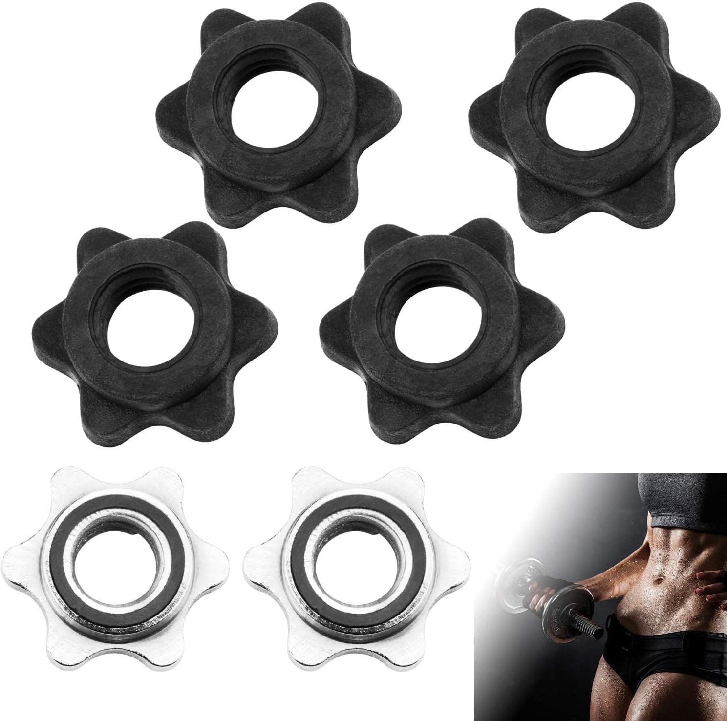 6Pcs Spinlock Collars, Anti-Slip Spin-Lock Collar Hex Nut Screw Clamp Spinlock Collar, Barbell Screw Collar Dumbbell Screw Clamps Dumbbell Bar Spinlock for Dumbell Weight Lifting for Fitness Training