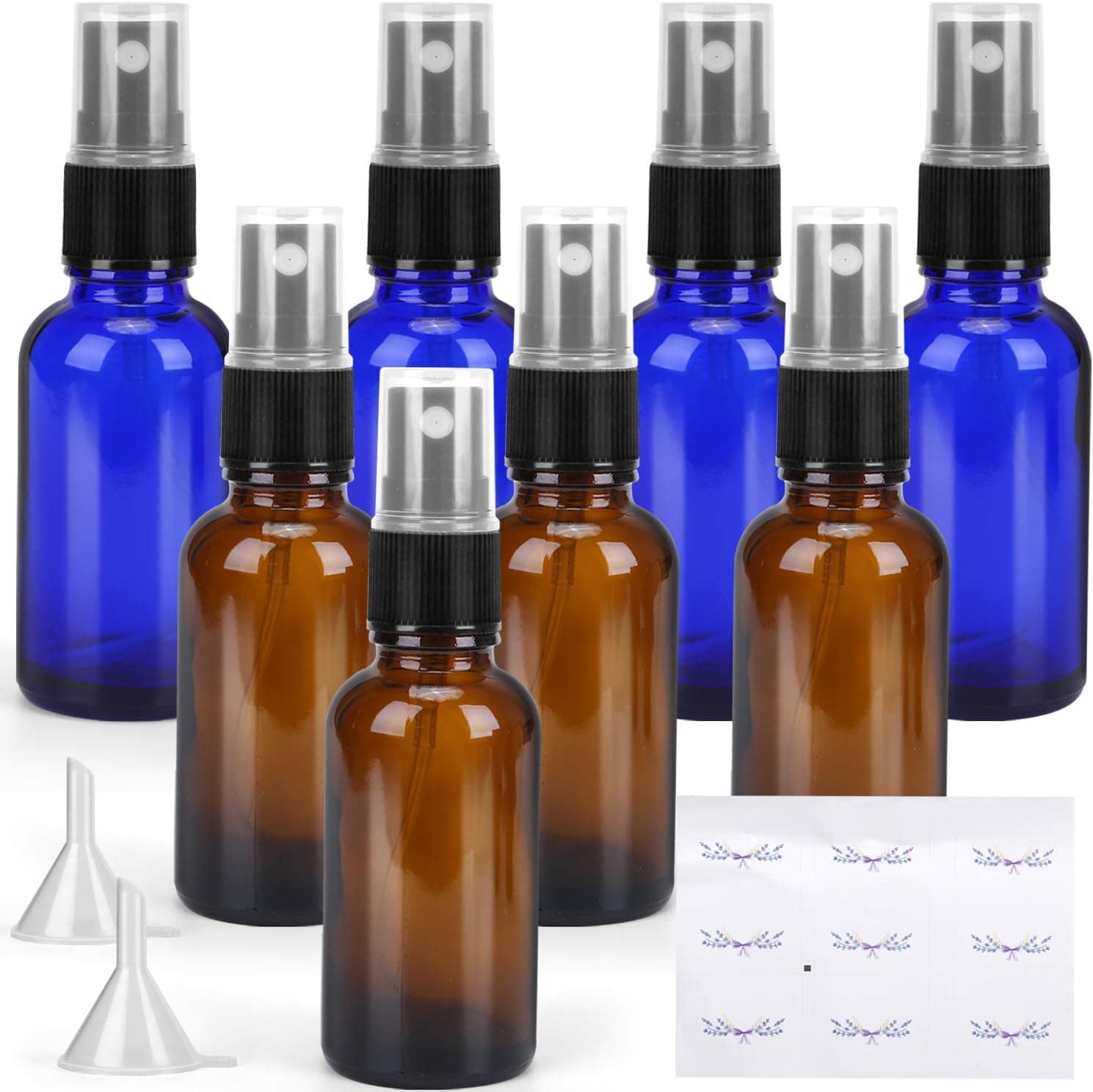 8 Pack Glass Spray Bottles for Essential Oils, Perfumes, Cleaning Products, 1 oz Small Empty Spray Bottles, Fine Mist Spray - Blue x 4, Amber x 4