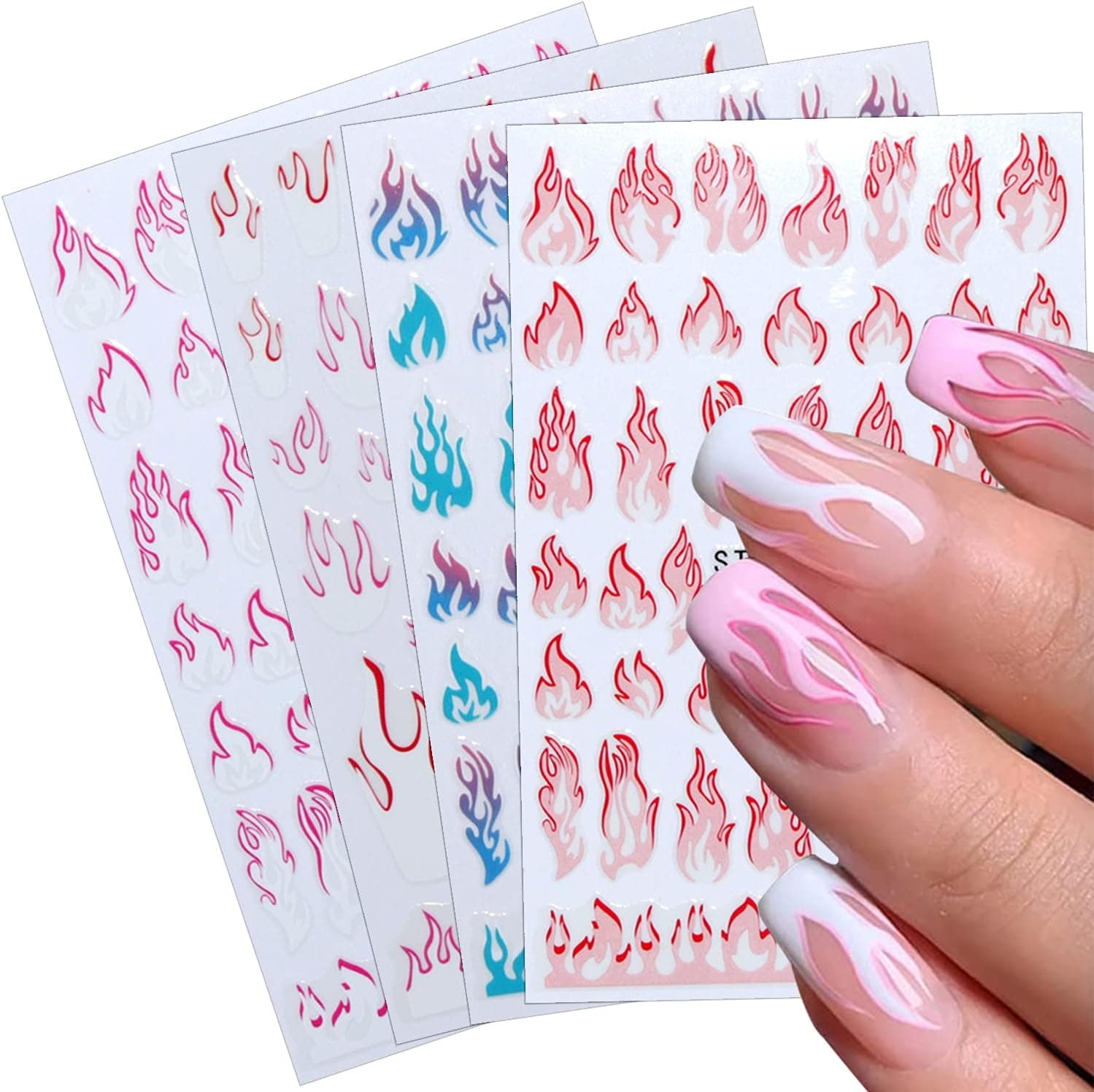 Flame Nail Art Stickers Decals 4 Sheets Color Graffiti Flame 3D Self-Adhesive Nail Decorations Accessories Pink Blue Fire DIY Acrylic Nail Art Supplies (Flame)
