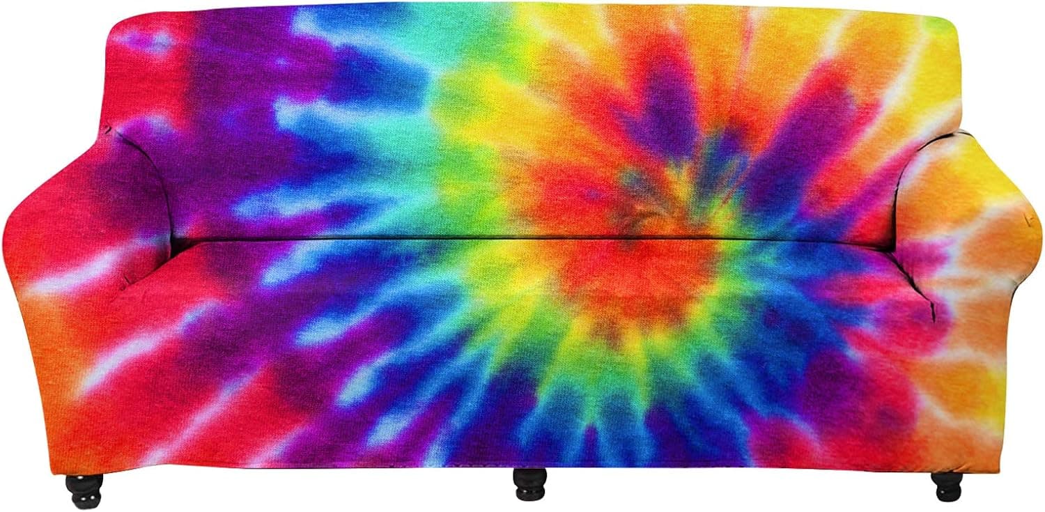 INSTANTARTS Colorful Tie Dye Print Couch Cover Stretch Arm Chair Large Sofa Slipcover Polyester Furniture Protector for Living Room,3 Cushion Sofa