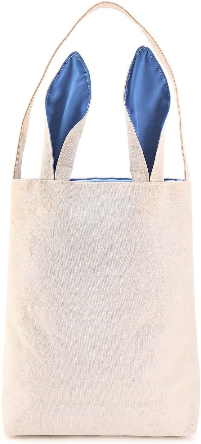 Lydia's Deal Easter Bunny Ears Basket Canvas Bags Tote Stuffers Egg Hunt for Girls and Boys (Light Blue)