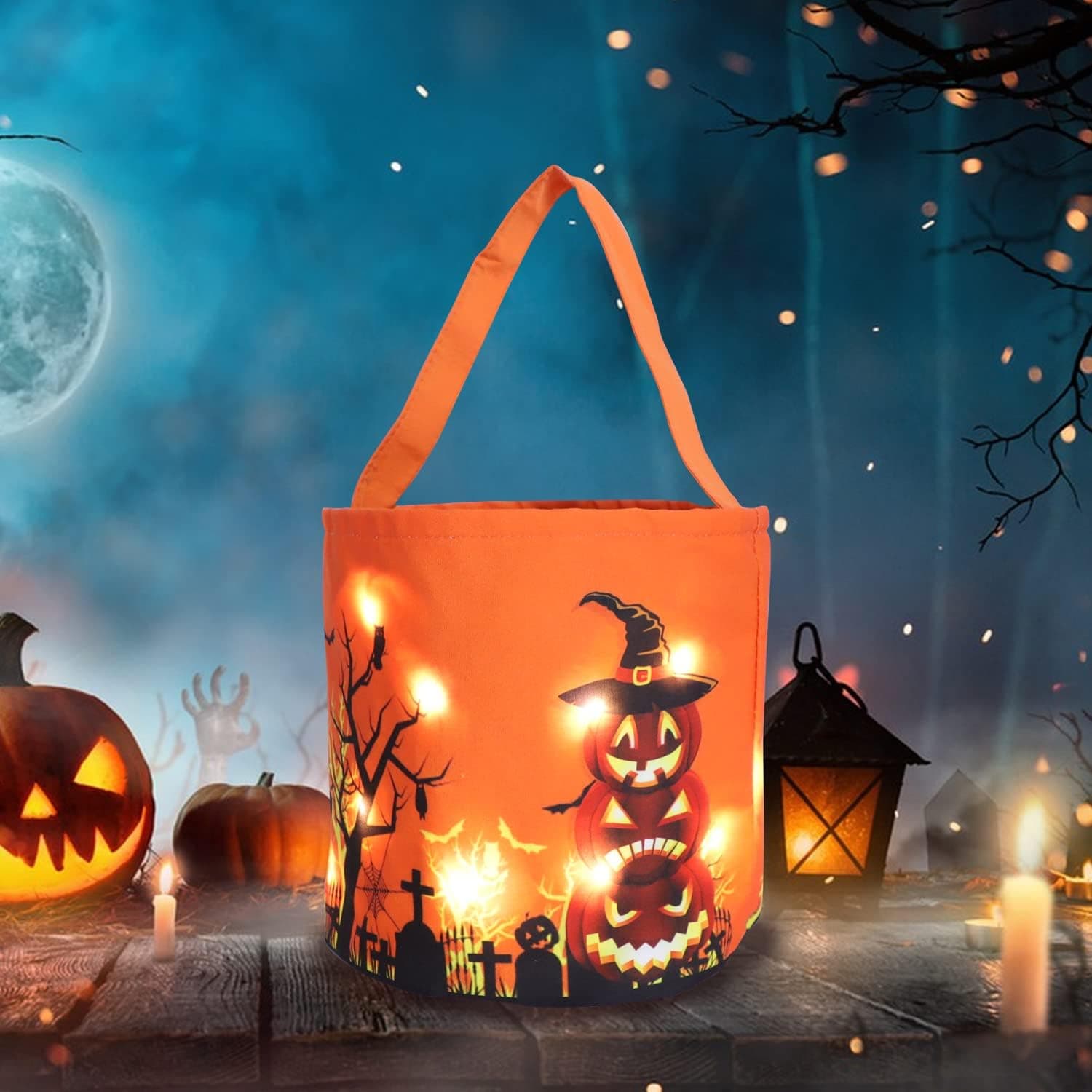 LED Light Halloween Trick or Treat Bags Light up Halloween Party Bag,Halloween Bucket Light Candy Tote Bag for Kids & Adults Halloween Supplies Large Reusable Halloween Bags for Trick or Treat (orange)