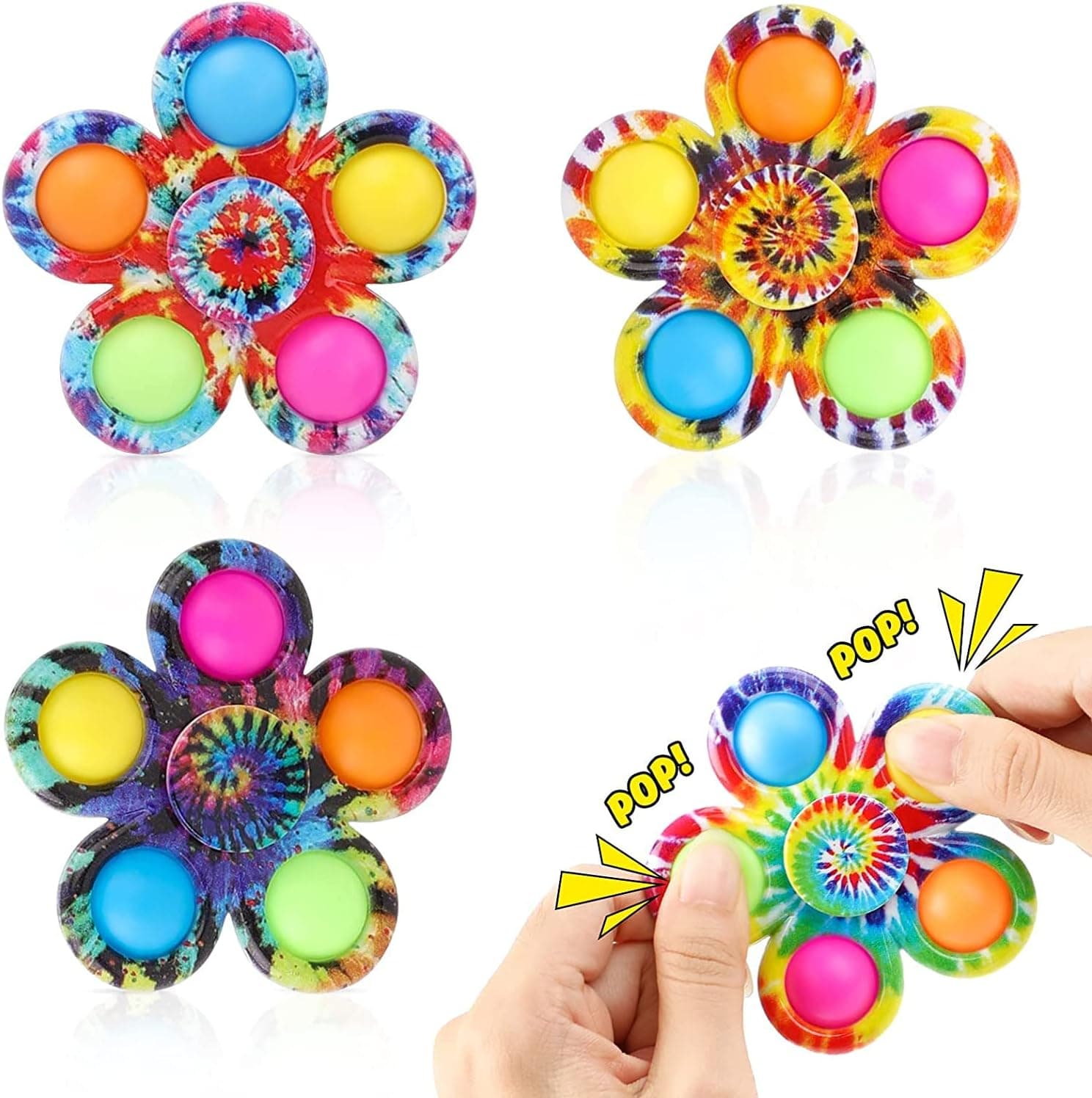 Pop Fidget Spinners Toys 4 Pack, Tie-Dye Pop Bubble Sensory Toys Set for Kids, Party Favor Fidget Toys, Pop Hand Spinners, ADHD Stress Relief Gift for Kids by UPOFFICIS