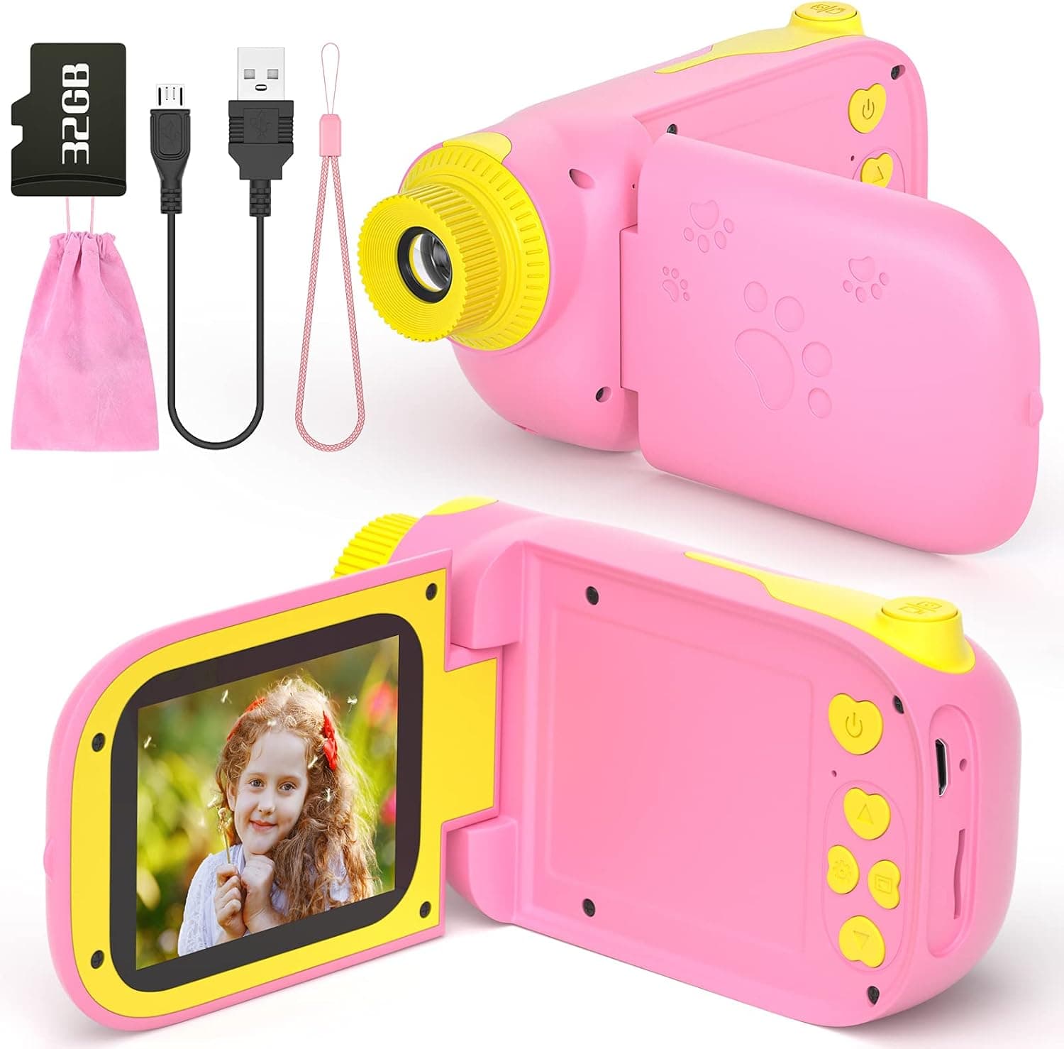 ishantech Kids Digital Video Camera Toys for 3-10 Years Old Girls 1080P 2.4 inch IPS Screen Camera for Age 3 4 5 6 7 8 9 Yeas Old Toddler Kids Girls Best Birthday Gift Toys with 32G SD Card(Pink)