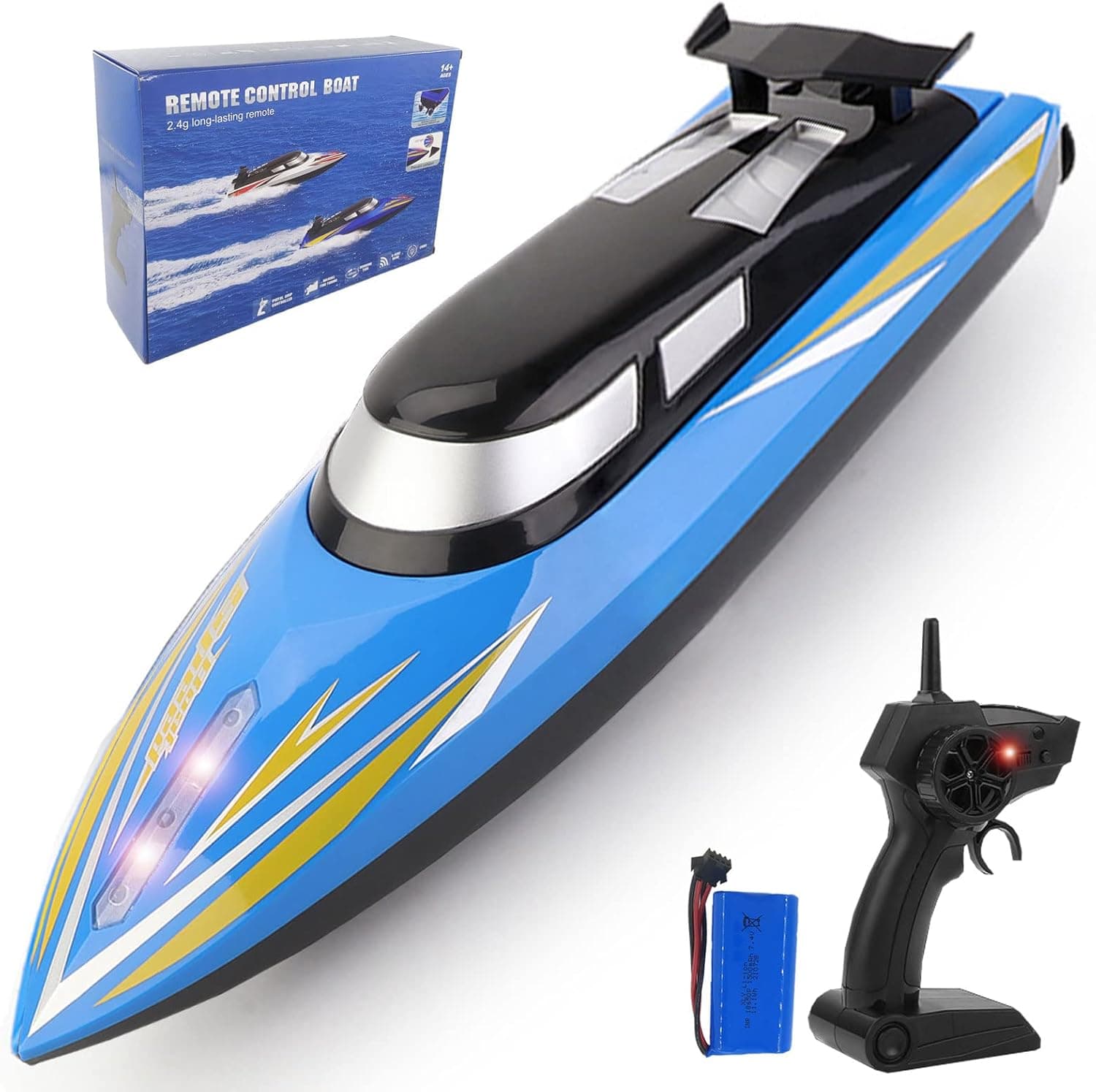SZJJX RC Boat,20KM/H High Speed Remote Control Boat for Pools and Lakes, 2.4Ghz 4 Channels Large Fast Electric Racing Boat with LED Lights for Adults and Kids 40 Min Play Blue