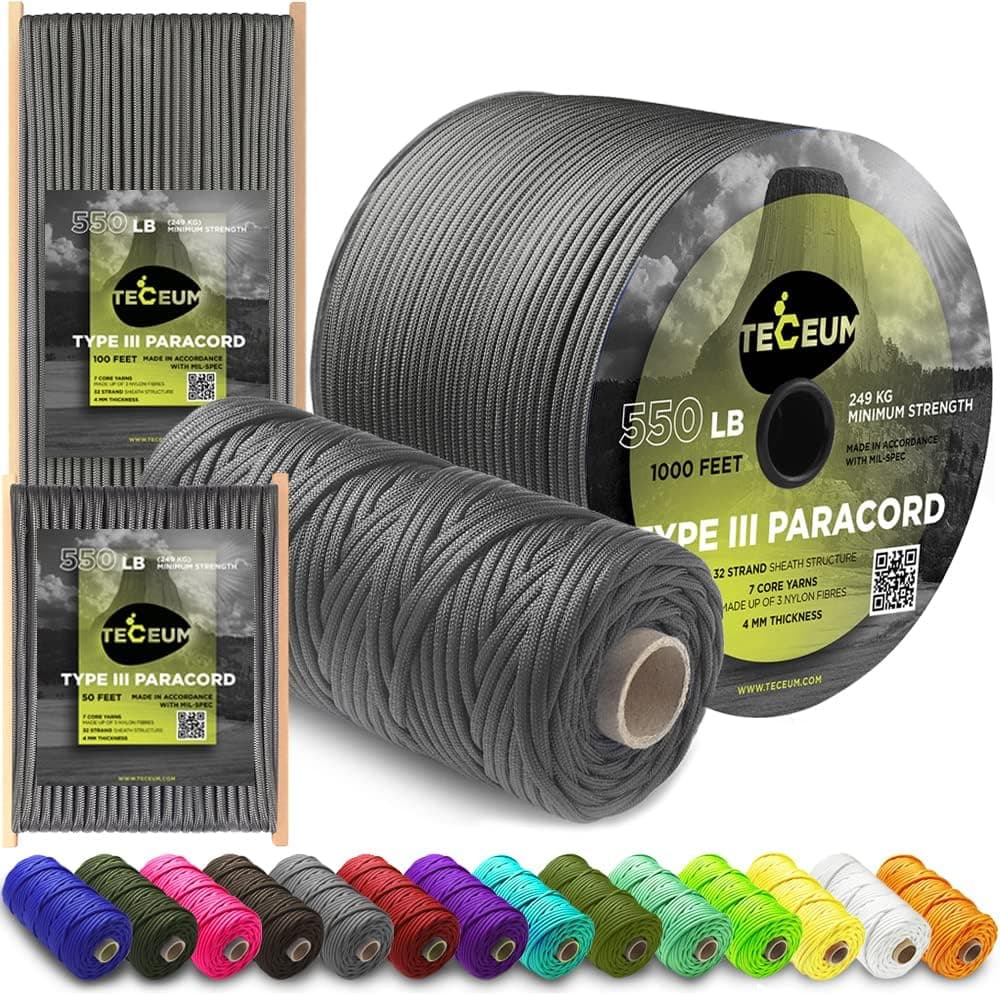 TECEUM Paracord Type III 550 Dark Grey – 100 ft – 4mm – Tactical Rope MIL-SPEC – Outdoor para Cord – Camping Hiking Fishing Gear – EDC Parachute Cord –Strong Survival Rope 030 N