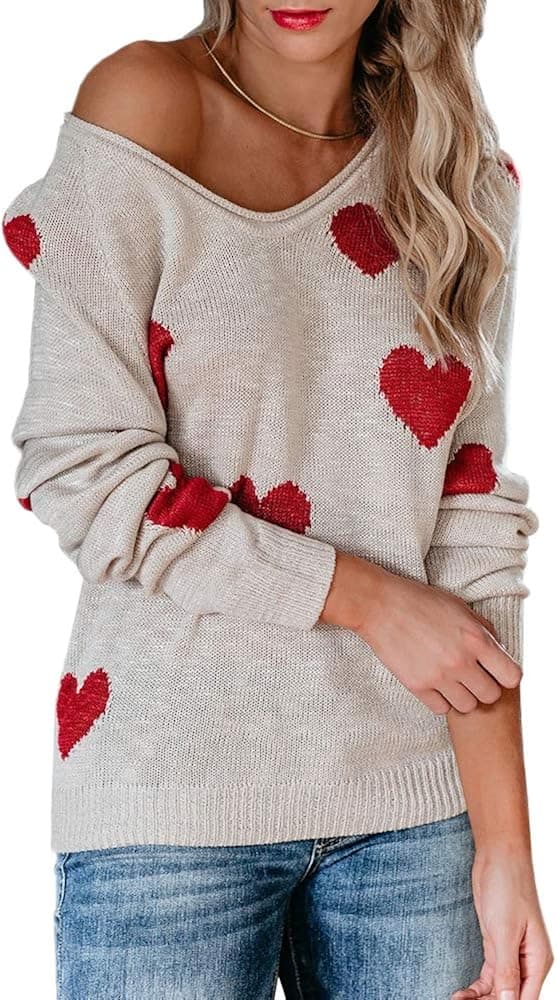 Sherrylily Womens Lightweight Pullover Off Shoulder Batwing Sleeve Heart Print Sweaters Knit Shirts Slounchy Tops