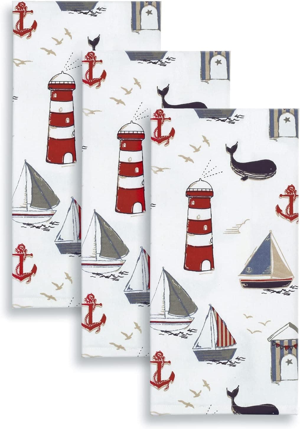 Cackleberry Home Nautical Ocean Kitchen Towels 100% Cotton, Set of 3