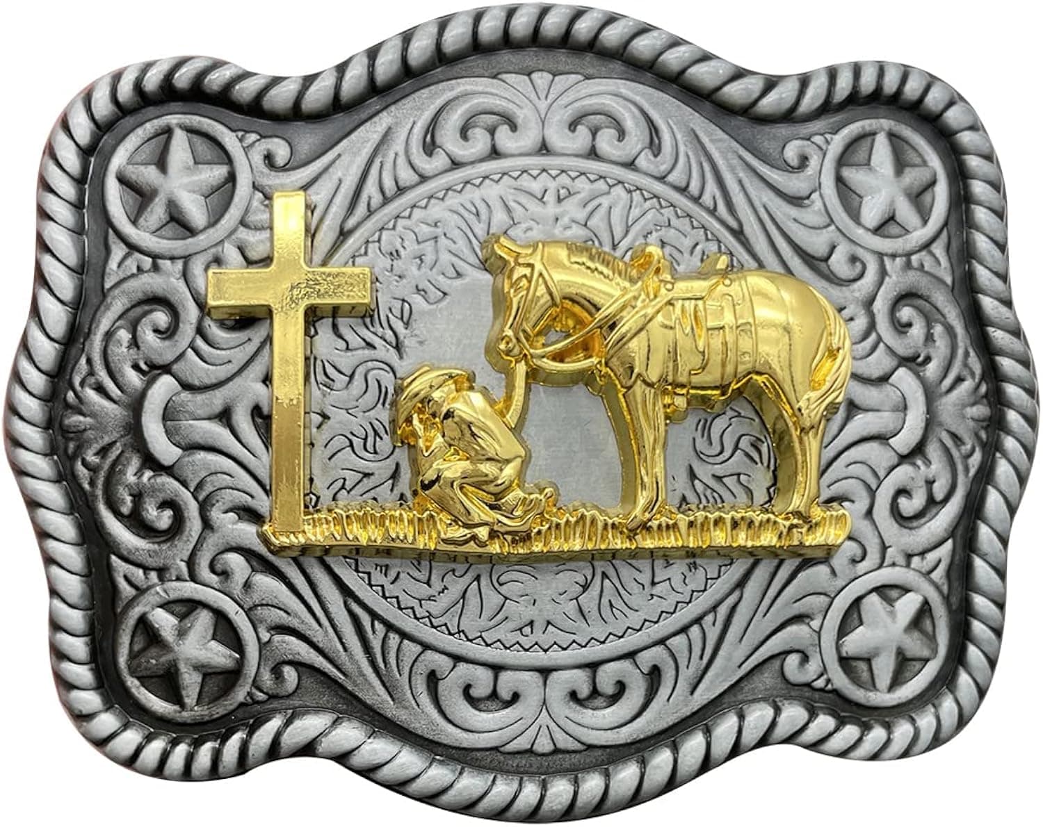 QUKE American Western Cowboy Texas Retro Celtic Cross Horse Horseman Religious Belt Buckle for Men