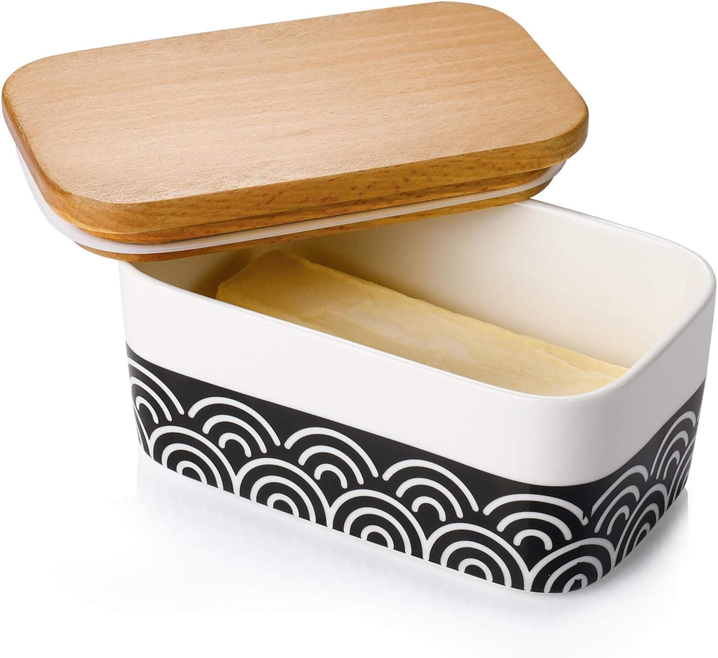 Sweese 303.245 Butter Dish - Butter Keeper with Airtight Beech Wooden Lid, Holds Up to 2 Sticks of Butter - Porcelain Butter Container, Black Stylish